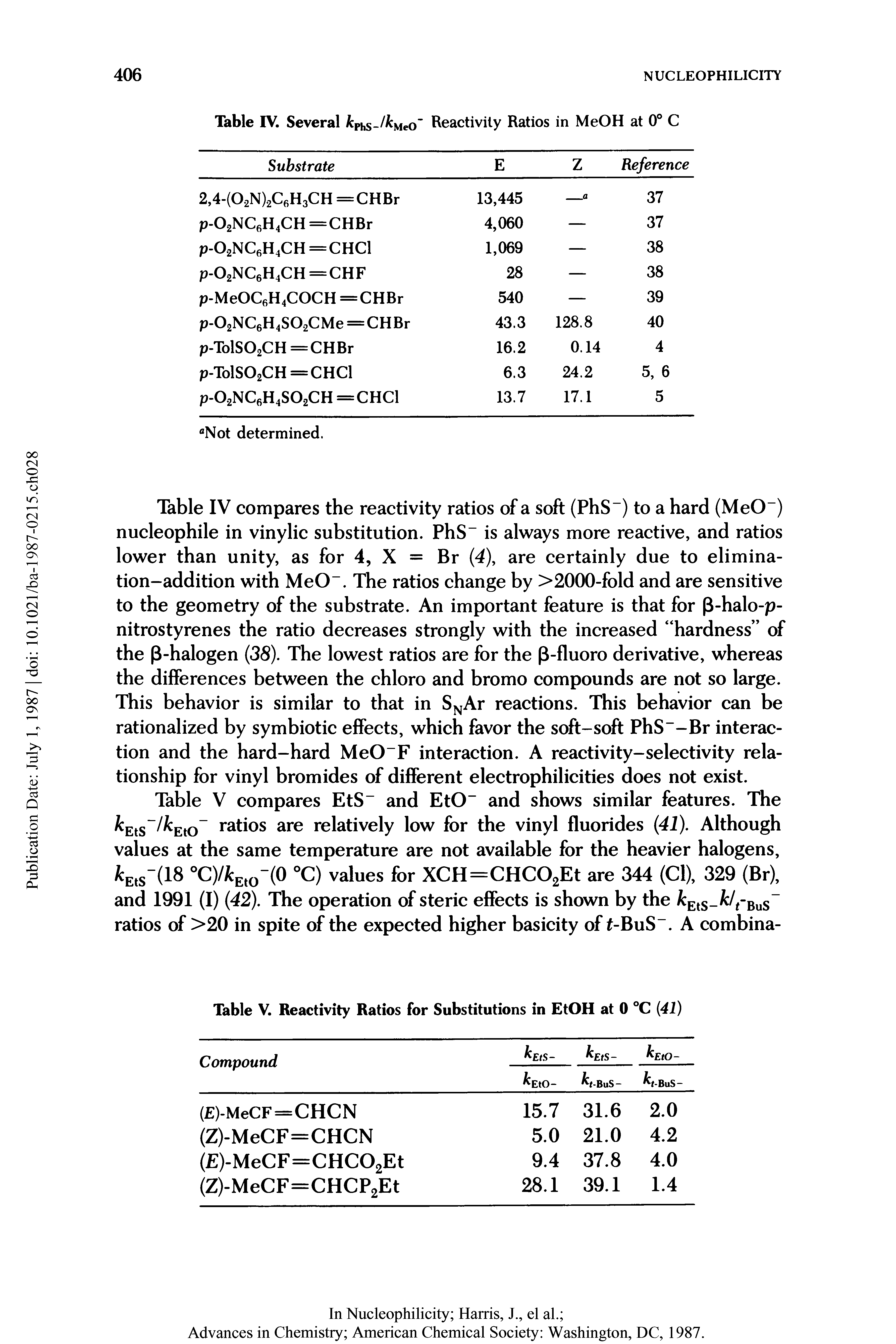 Table IV compares the reactivity ratios of a soft (PhS-) to a hard (MeO-) nucleophile in vinylic substitution. PhS is always more reactive, and ratios lower than unity, as for 4, X = Br (4), are certainly due to elimination-addition with MeO . The ratios change by >2000-fold and are sensitive to the geometry of the substrate. An important feature is that for (3-halo-p-nitrostyrenes the ratio decreases strongly with the increased hardness of the (3-halogen (38). The lowest ratios are for the (3-fluoro derivative, whereas the differences between the chloro and bromo compounds are not so large. This behavior is similar to that in SNAr reactions. This behavior can be rationalized by symbiotic effects, which favor the soft-soft PhS--Br interaction and the hard-hard MeO-F interaction. A reactivity-selectivity relationship for vinyl bromides of different electrophilicities does not exist.