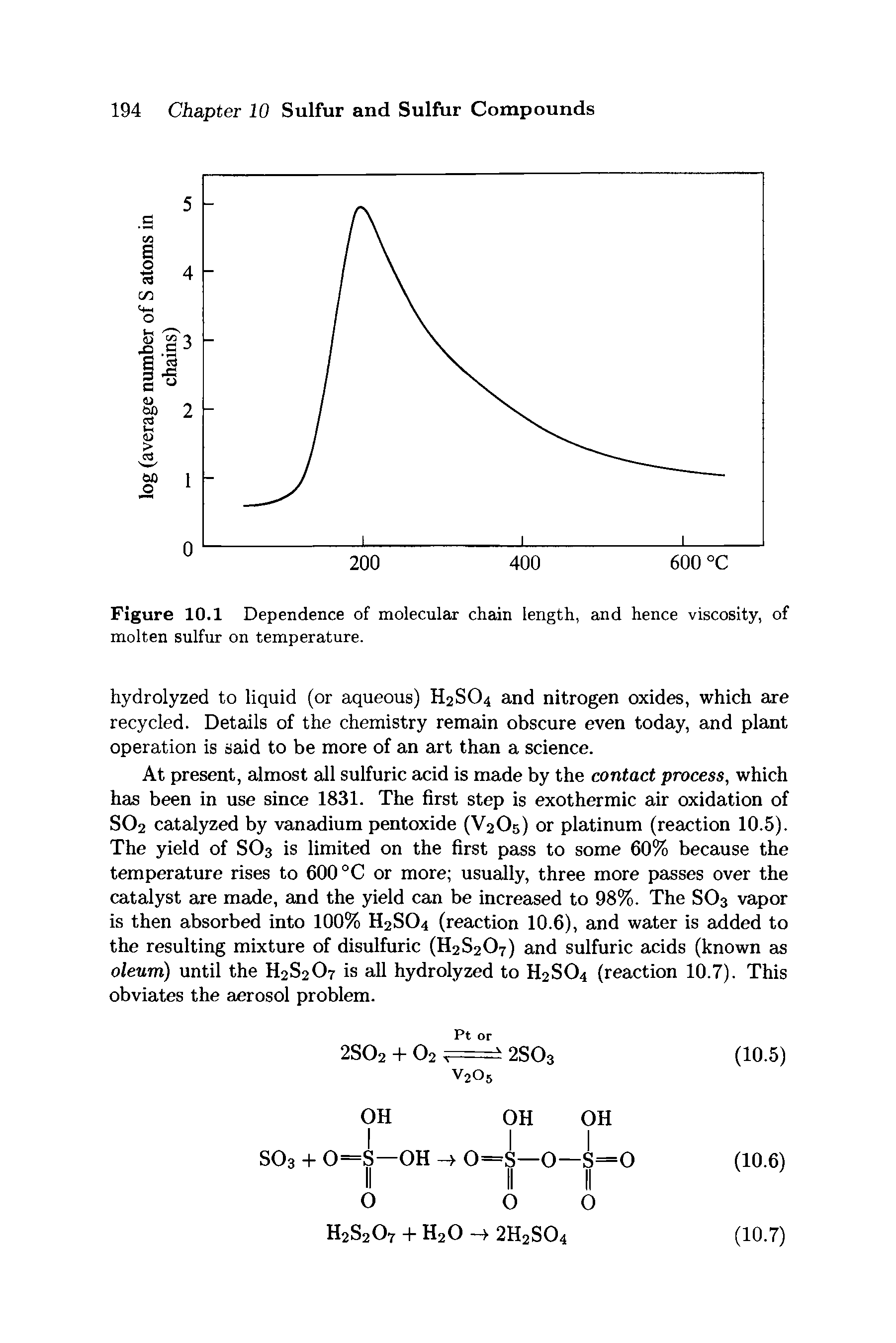 Figure 10.1 Dependence of molecular chain length, and hence viscosity, of molten sulfur on temperature.