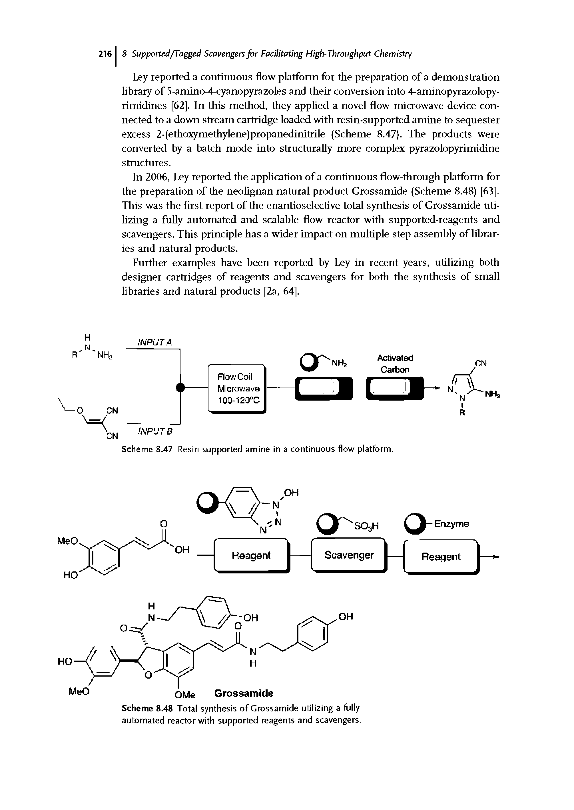 Scheme 8.48 Total synthesis of Grossamide utilizing a fully automated reactor with supported reagents and scavengers.