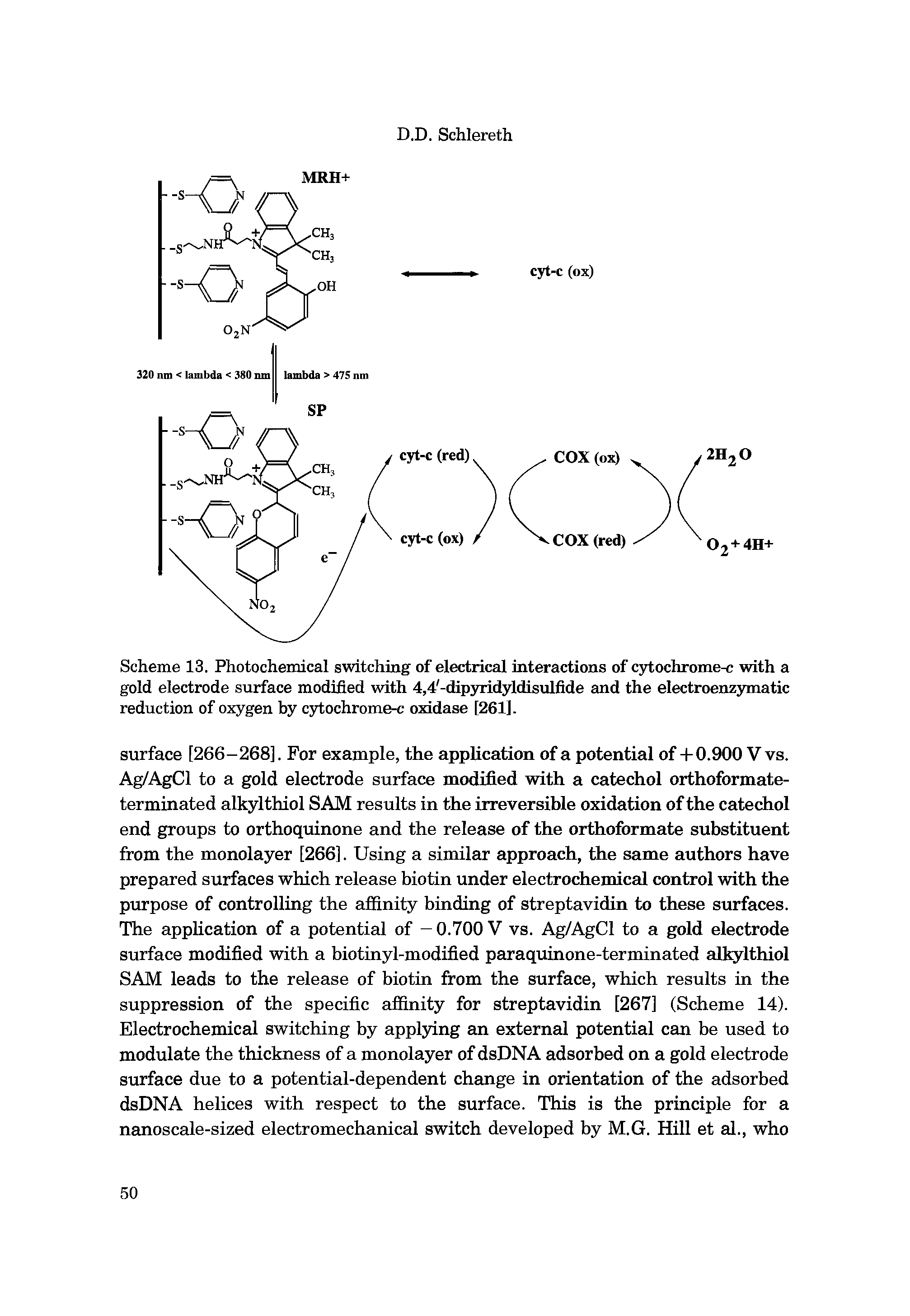 Scheme 13. Photochemical switching of electrical interactions of cytochrome-c with a gold electrode surface modified with 4,4 -dip3rridyldisulfide and the electroenz3maatic reduction of oxygen by c3dochrome-c oxidase [261].