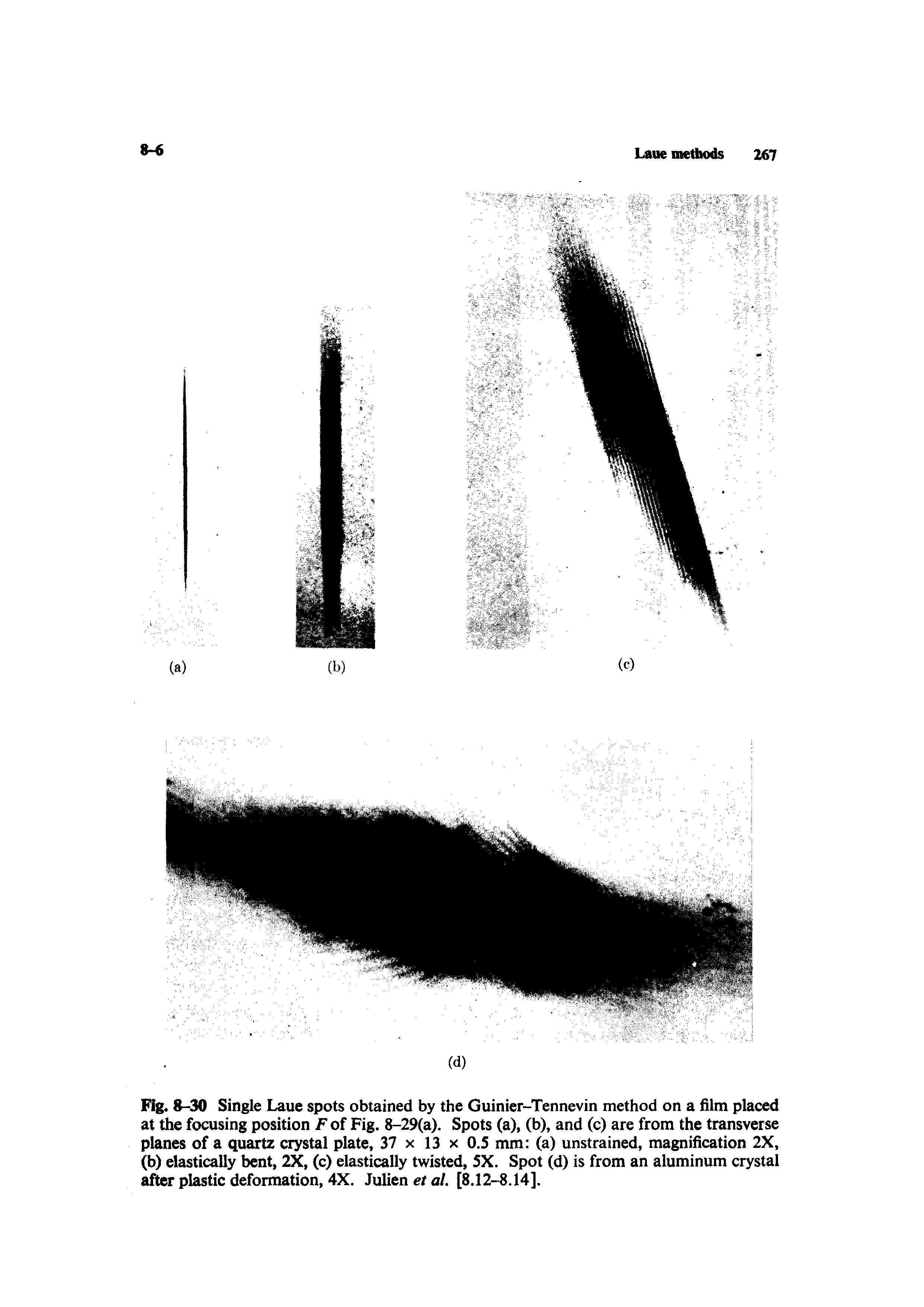Fig. 8-30 Single Laue spots obtained by the Guinier-Tennevin method on a film placed at the focusing position Fof Fig. 8-29(a). Spots (a), (b), and (c) are from the transverse planes of a quartz crystal plate, 37 x 13 x 0.5 mm (a) unstrained, magnification 2X, (b) elastically bent, 2X, (c) elastically twisted, 5X. Spot (d) is from an aluminum crystal after plastic deformation, 4X. Julien et al. [8.12-8.14].