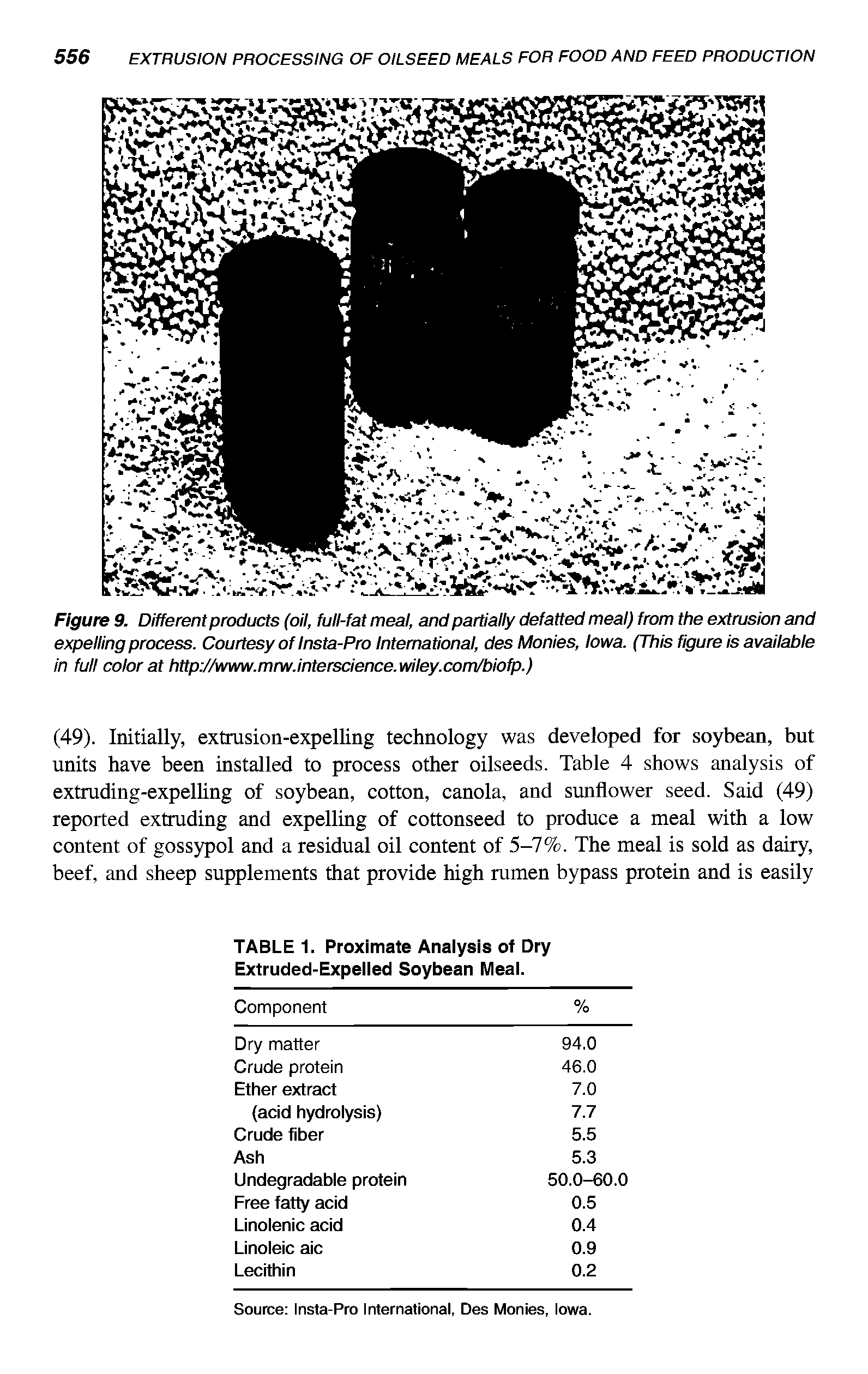 Figure 9. Different products (oil, full-fat meal, and partially defatted meal) from the extrusion and expelling process. Courtesy of Insta-Pro International, des Monies, Iowa. (This figure is available in full color at http //www.mrw.interscience.wiley.com/biofp.)...