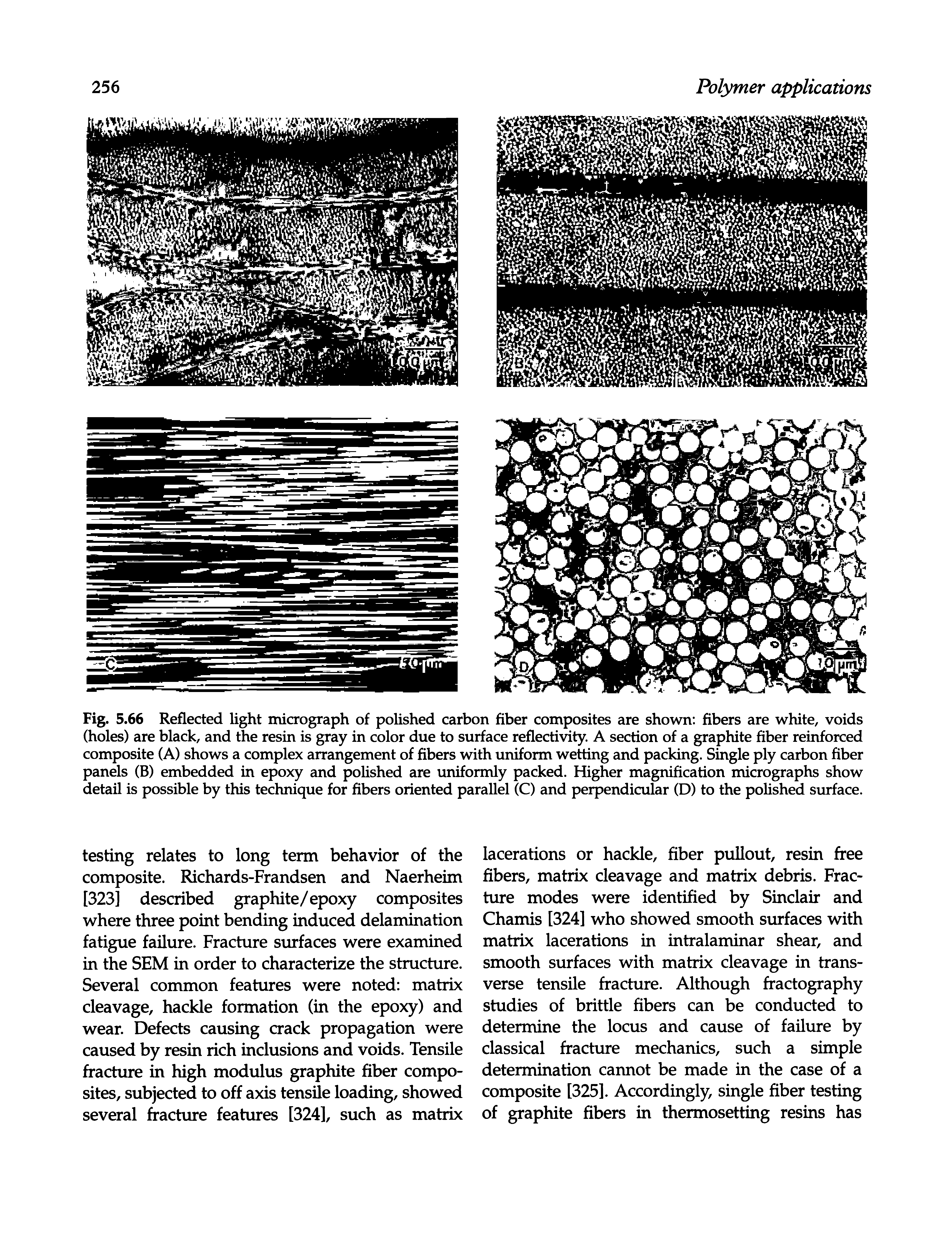 Fig. 5.66 Reflected light micrograph of polished carbon fiber composites are shown fibers are white, voids (holes) are black, and the resin is gray in color due to surface reflectivity. A section of a graphite fiber reinforced composite (A) shows a complex arrangement of fibers with uniform wetting and packing. Single ply carbon fiber panels (B) embedded in epoxy and polished are uniformly packed. Higher magnification micrographs show detail is possible by this technique for fibers oriented parallel (C) and perpendicular (D) to the polished surface.