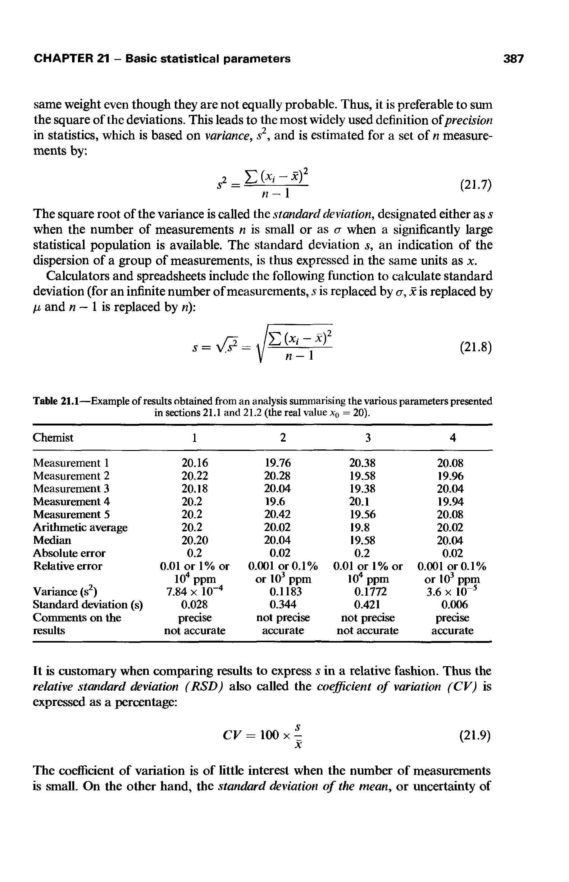 Table 21.1—Example of results obtained from an analysis summarising the various parameters presented in sections 21.1 and 21.2 (the real value x0 = 20).
