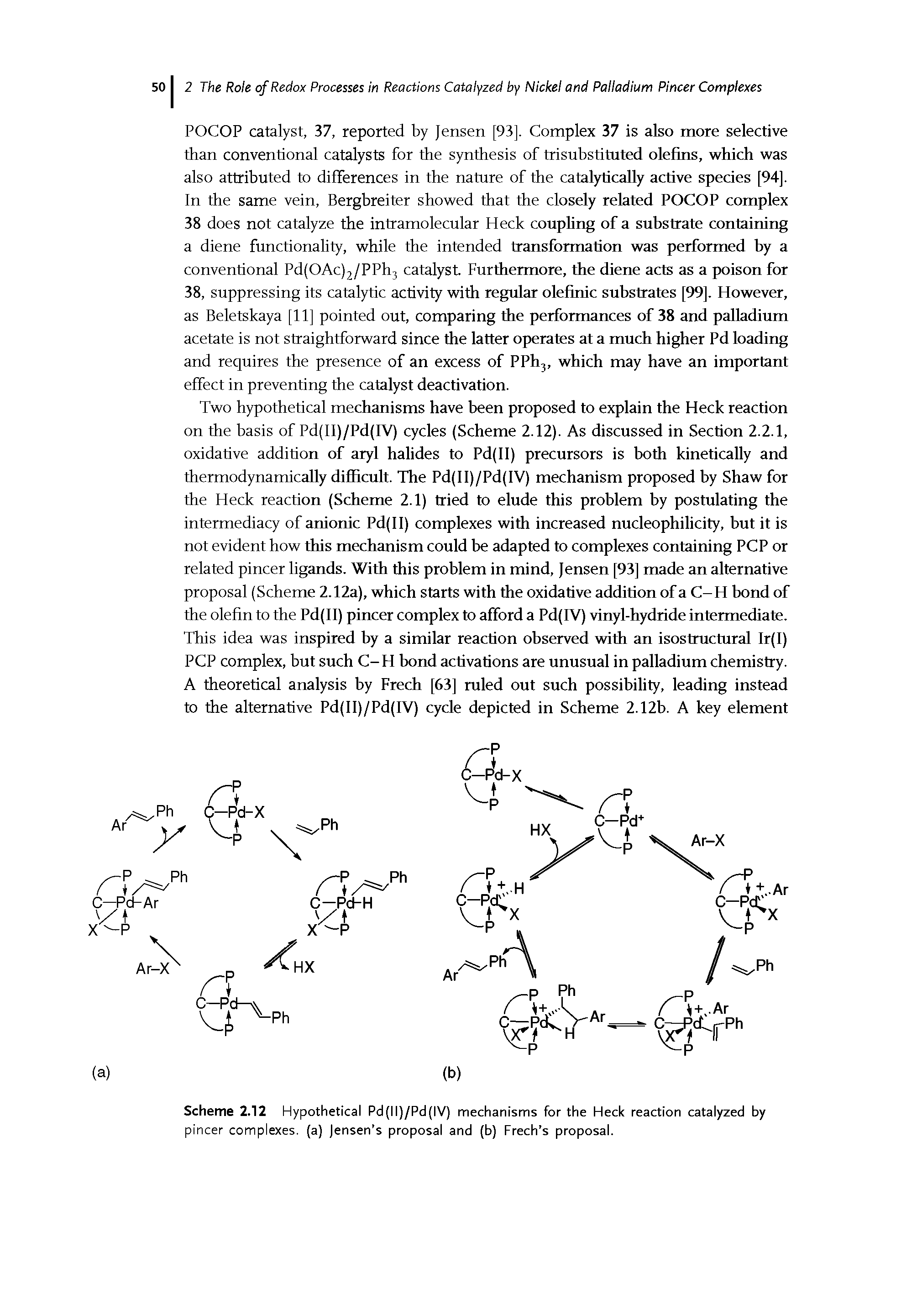 Scheme 2.12 Hypothetical Pd(ll)/Pd(IV) mechanisms for the Heck reaction catalyzed by pincer complexes, (a) Jensen s proposal and (b) Freeh s proposal.