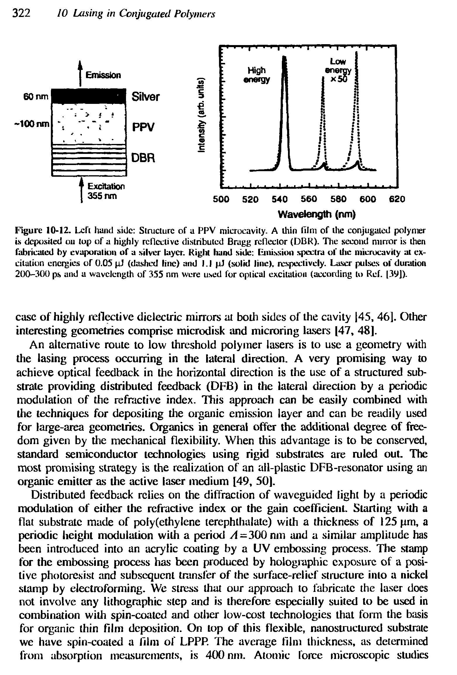 Figure 10-12. Lcfi hand side Slruclure of a PPV microcavily. A thin film of ihe conjugated polymer is deposited on top of a highly reflective distributed Bragg refieclor (DBR). The second mirror is then fabricated by evaporation of a silver layer. Right hand side Emission spectra of the microcavily at excitation cnetgics or 0.0S pJ (dashed line) and l. l pJ (solid line), respectively. Laser pulses ol duration 200-300 ps and a wavelength of 355 nm were used for optical excitation (according to Ref. [39]).