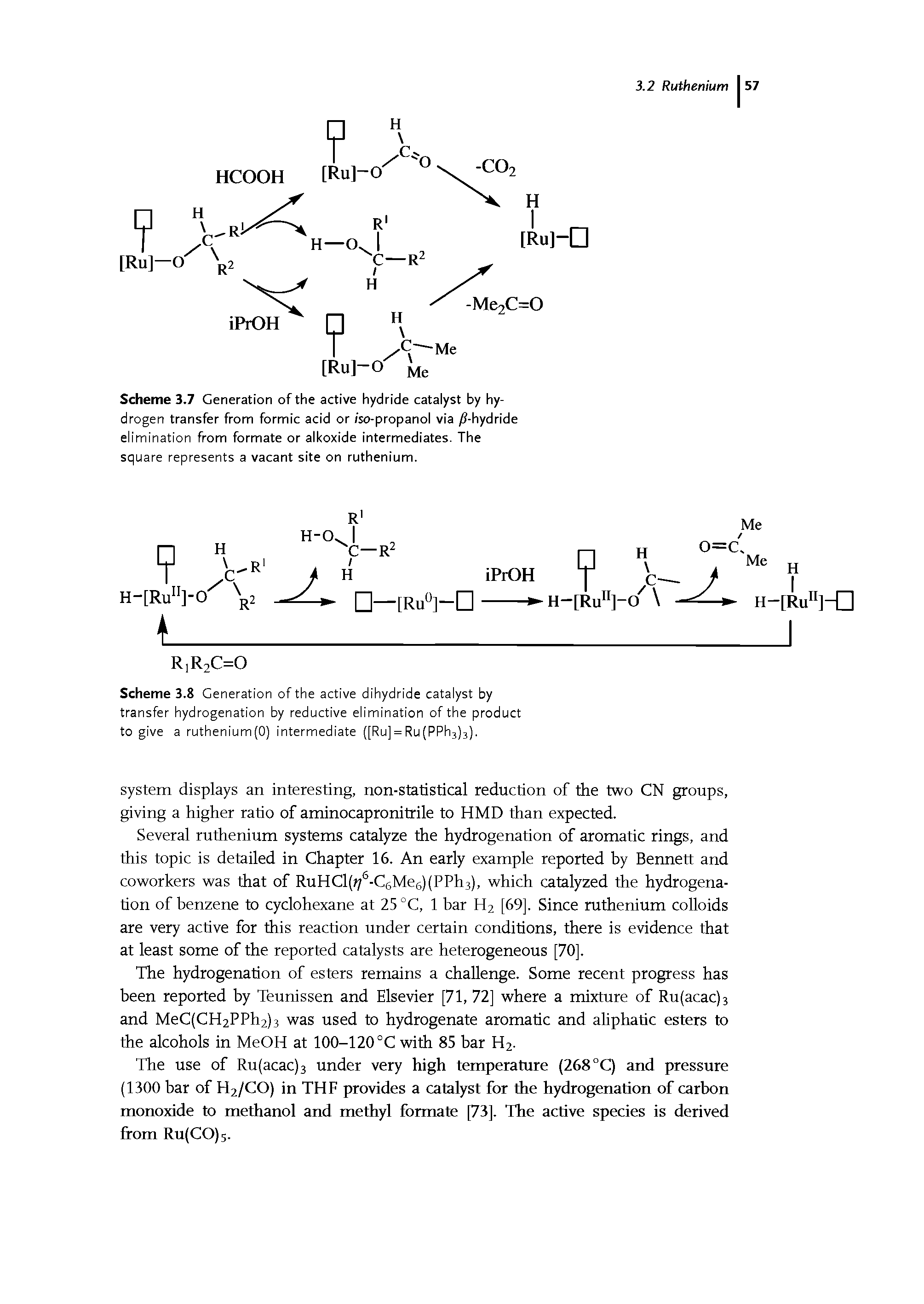 Scheme 3.8 Generation of the active dihydride catalyst by transfer hydrogenation by reductive elimination of the product to give a ruthenium(O) intermediate ([Ru] = Ru(PPh3)3).