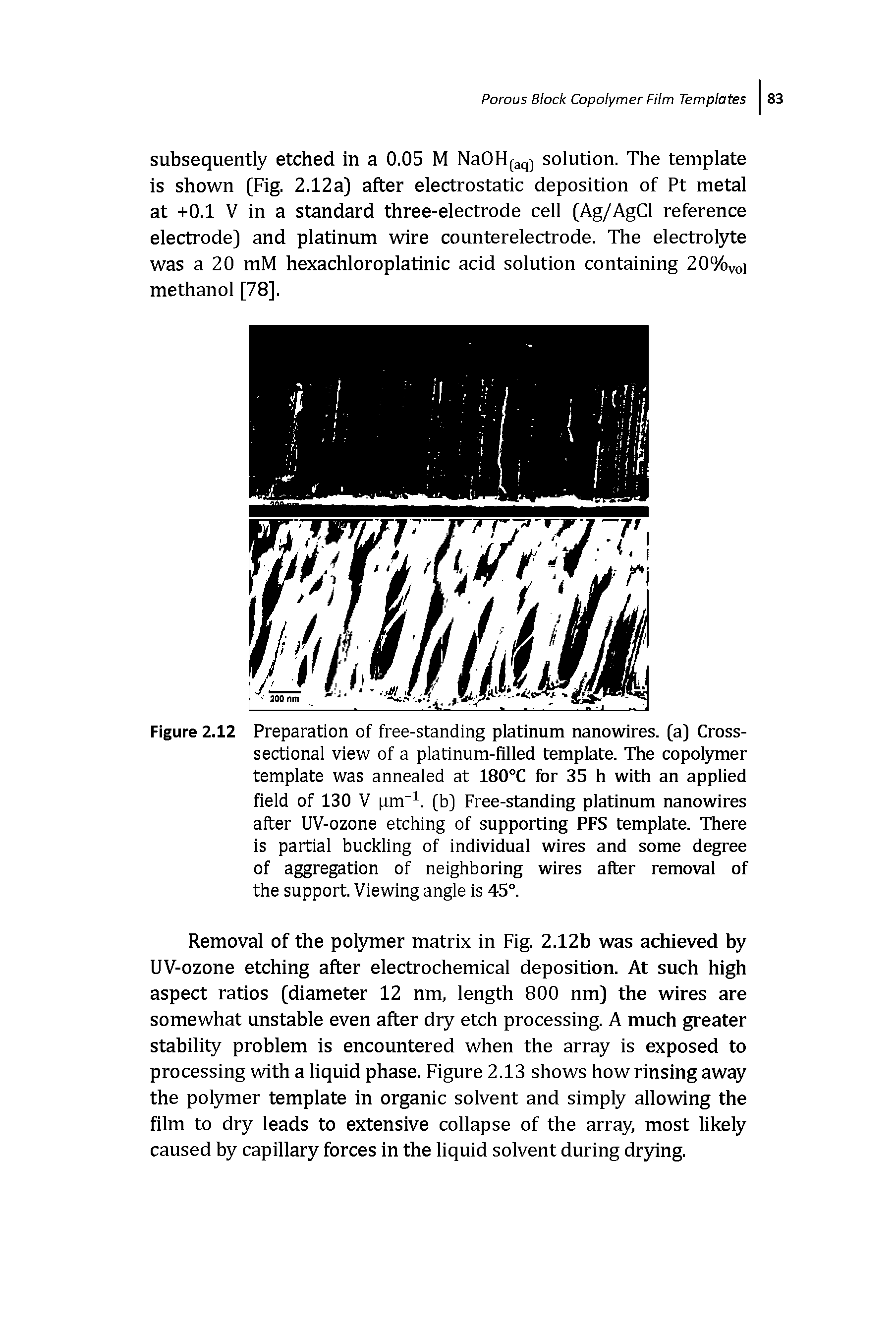 Figure 2.12 Preparation of free-standing platinum nanowires, (a) Cross-sectionai view of a piatinum-filled template. The copolymer template was annealed at 180°C for 35 h with an applied field of 130 V pm". [b] Free-standing platinum nanowires after UV-ozone etching of supporting PFS template. There is partial buckling of individual wires and some degree of aggregation of neighboring wires after removal of the support. Viewing angle is 45°.