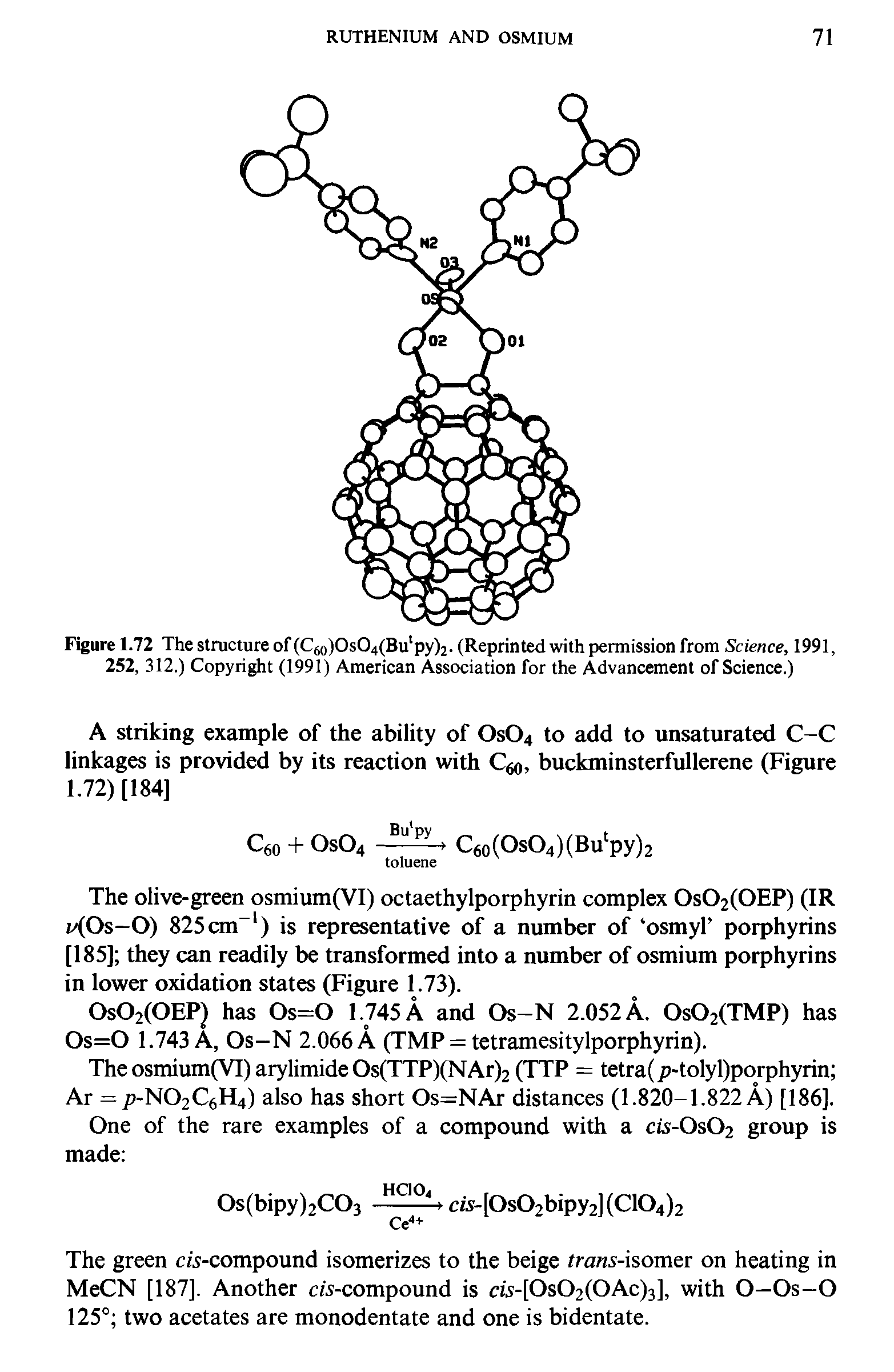 Figure 1.72 The structure of (C60)OsO4(Bu py)2. (Reprinted with permission from Science, 1991, 252, 312.) Copyright (1991) American Association for the Advancement of Science.)...
