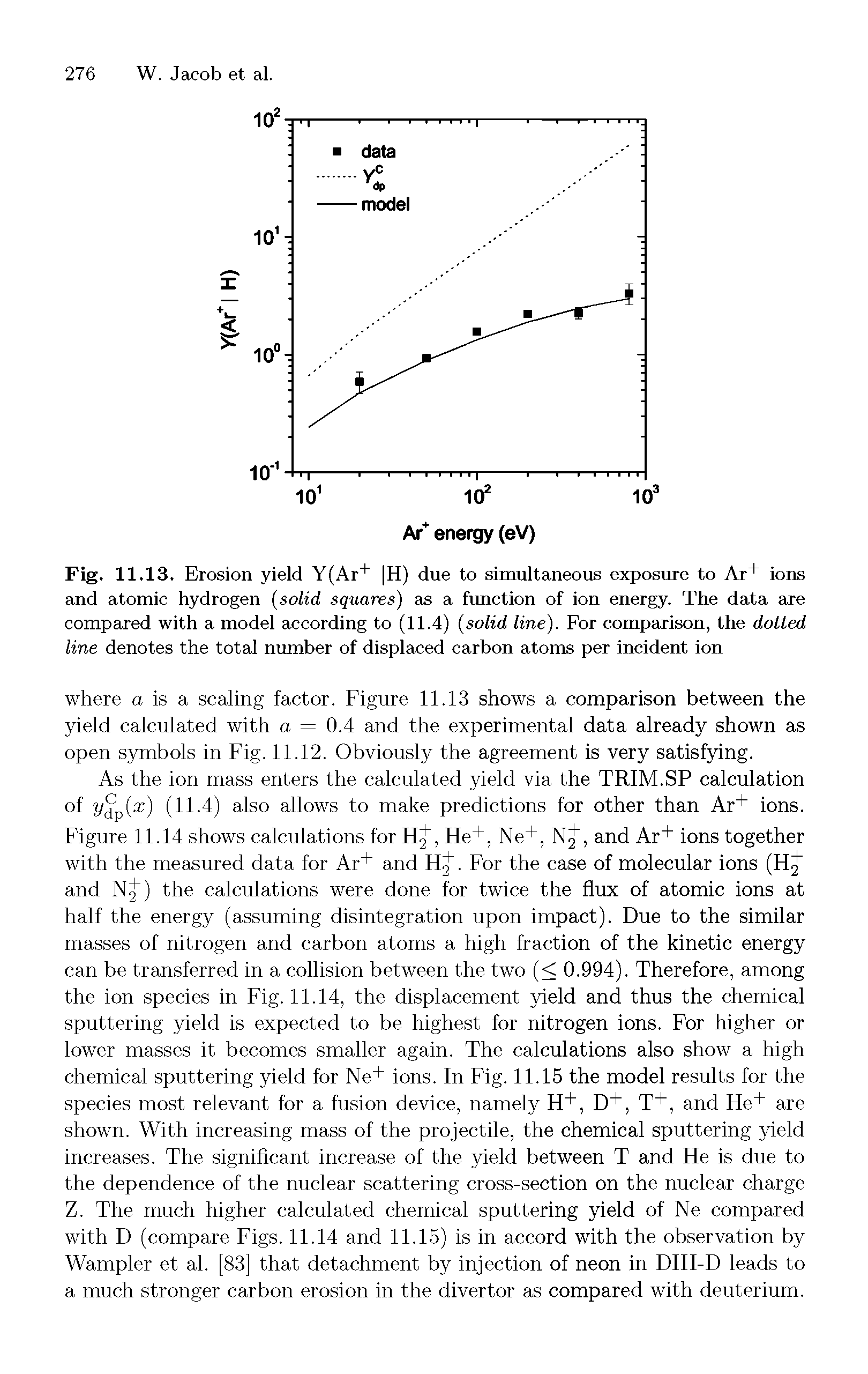 Fig. 11.13. Erosion yield Y(Ar+ H) due to simultaneous exposure to Ar+ ions and atomic hydrogen (solid squares) as a function of ion energy. The data are compared with a model according to (11.4) (solid line). For comparison, the dotted line denotes the total number of displaced carbon atoms per incident ion...
