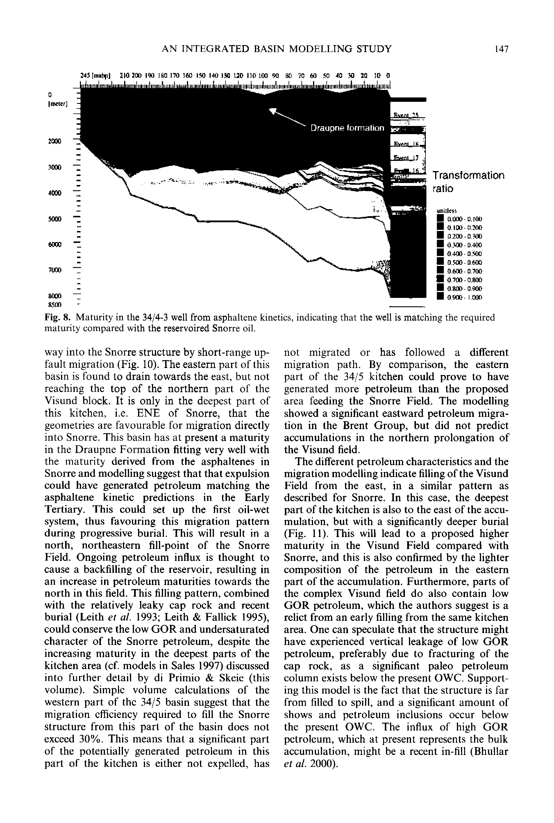 Fig. 8. Maturity in the 34/4-3 well from asphaltene kinetics, indicating that the well is matching the required maturity compared with the reservoired Snorre oil.