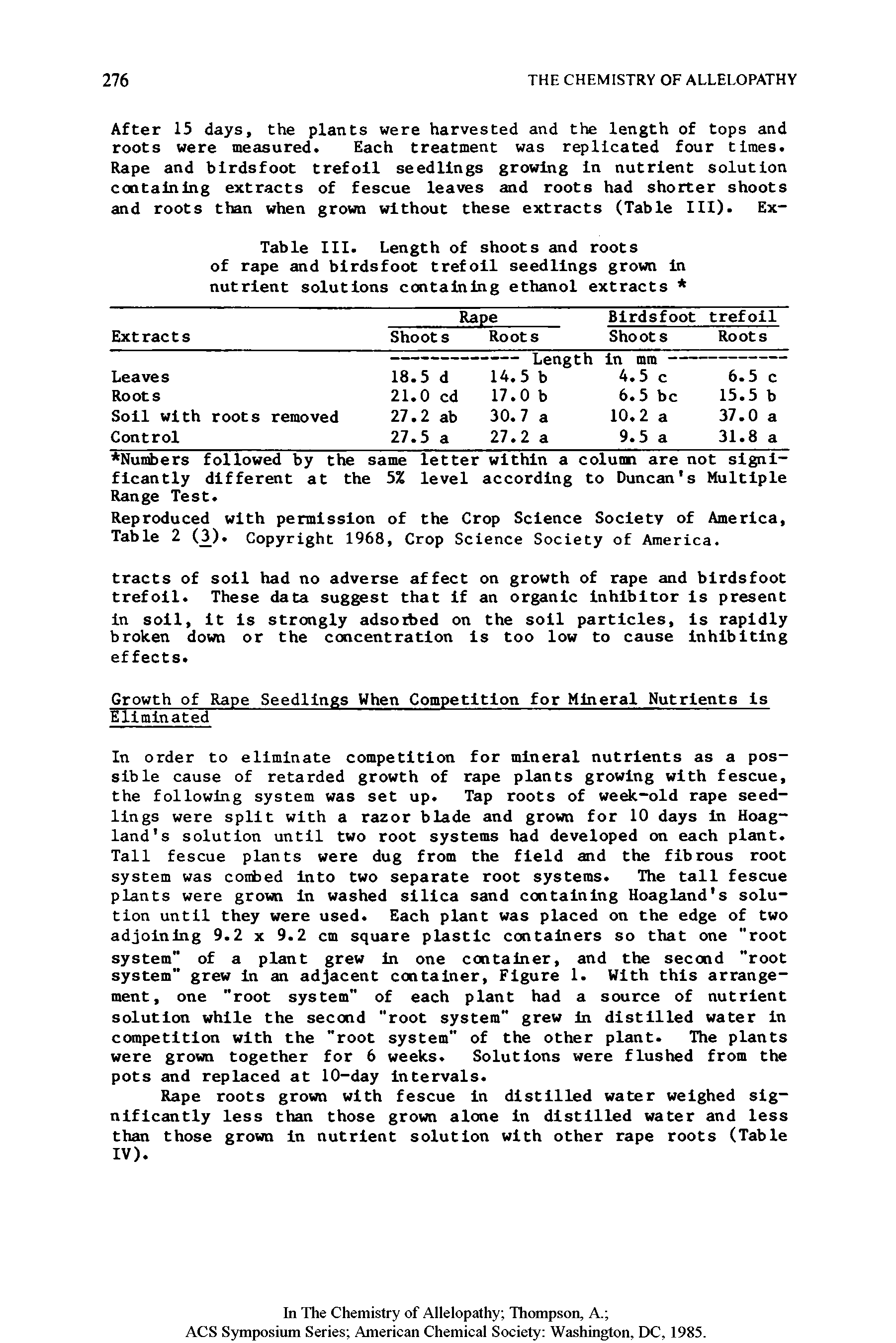 Table III. Length of shoots and roots of rape and birdsfoot trefoil seedlings grown in nutrient solutions containing ethanol extracts ...