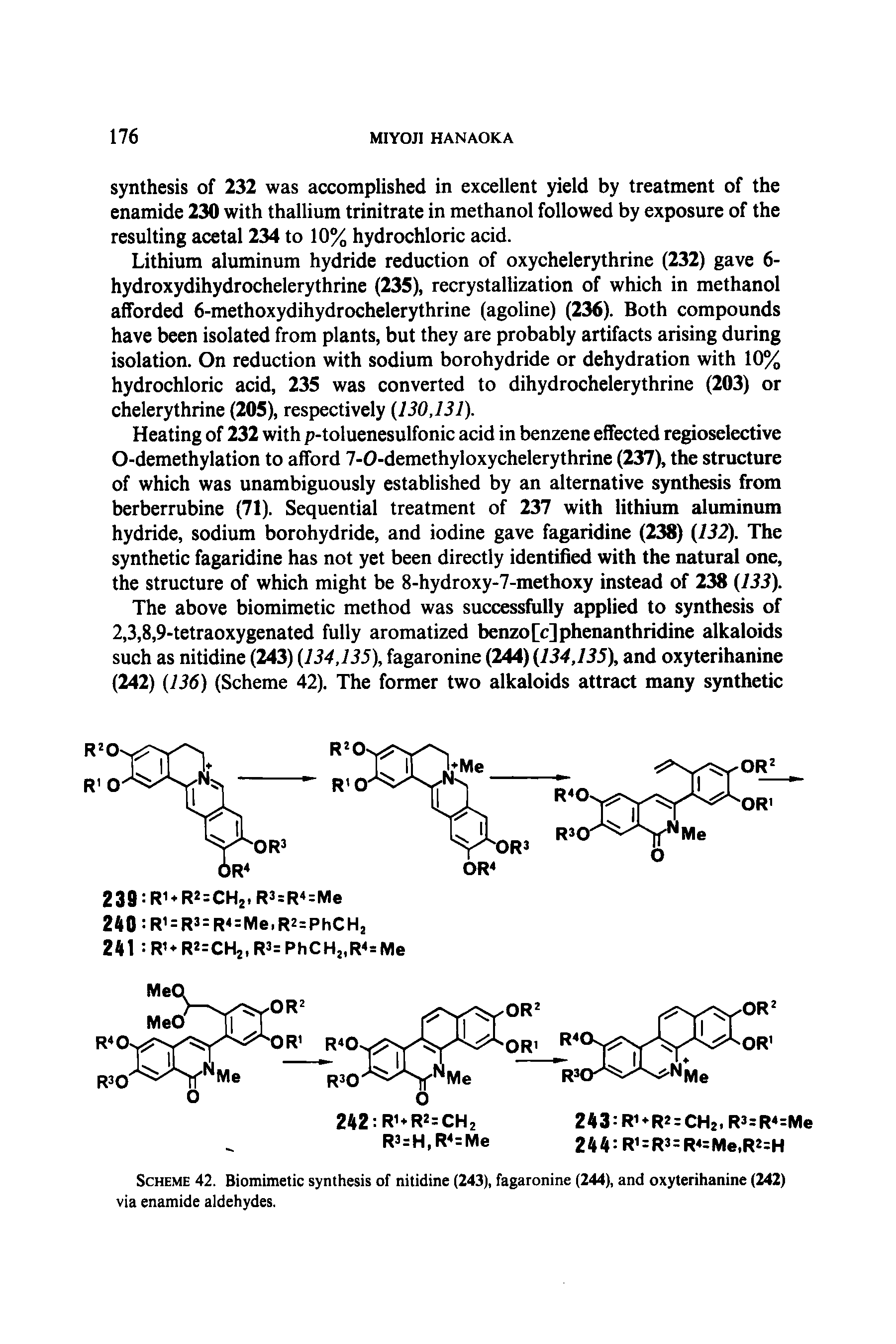Scheme 42. Biomimetic synthesis of nitidine (243), fagaronine (244), and oxyterihanine (242) via enamide aldehydes.