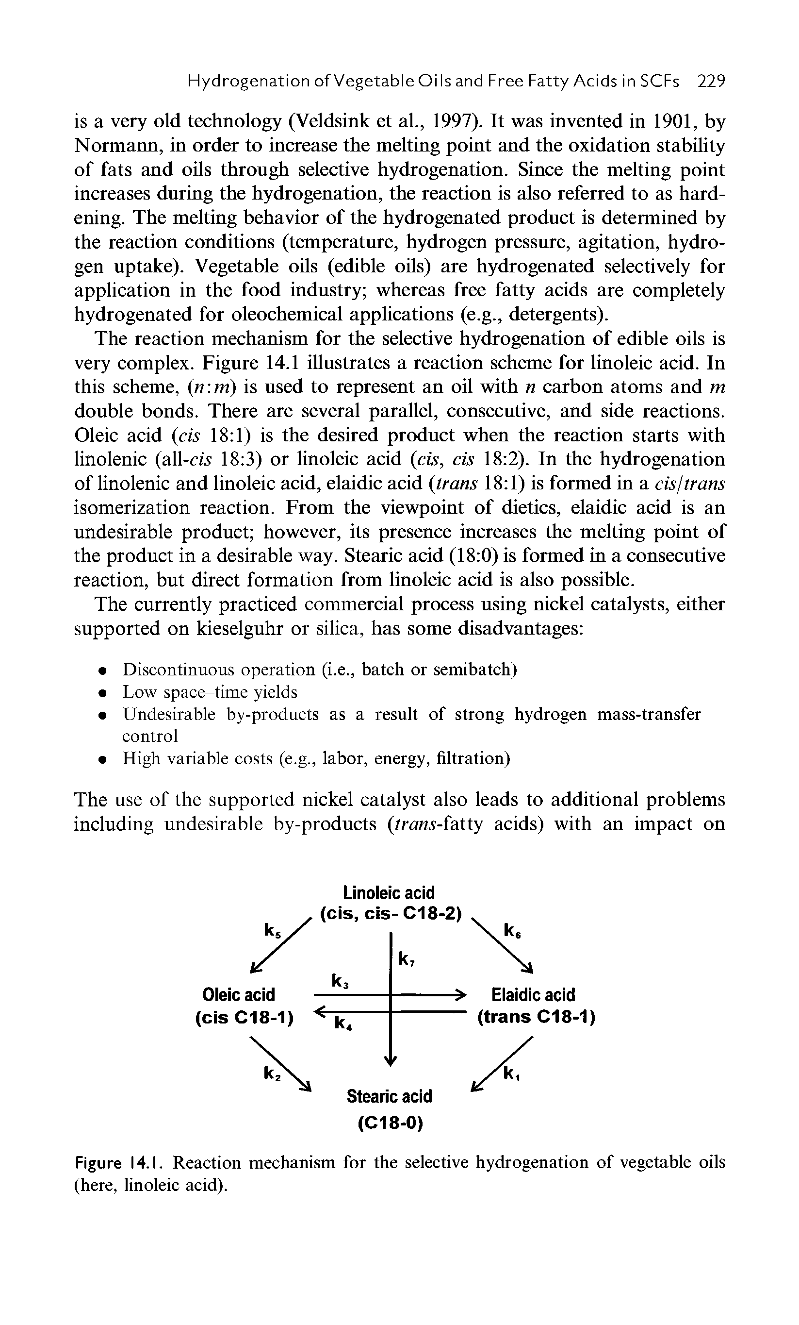 Figure 14.1. Reaction mechanism for the selective hydrogenation of vegetable oils (here, linoleic acid).