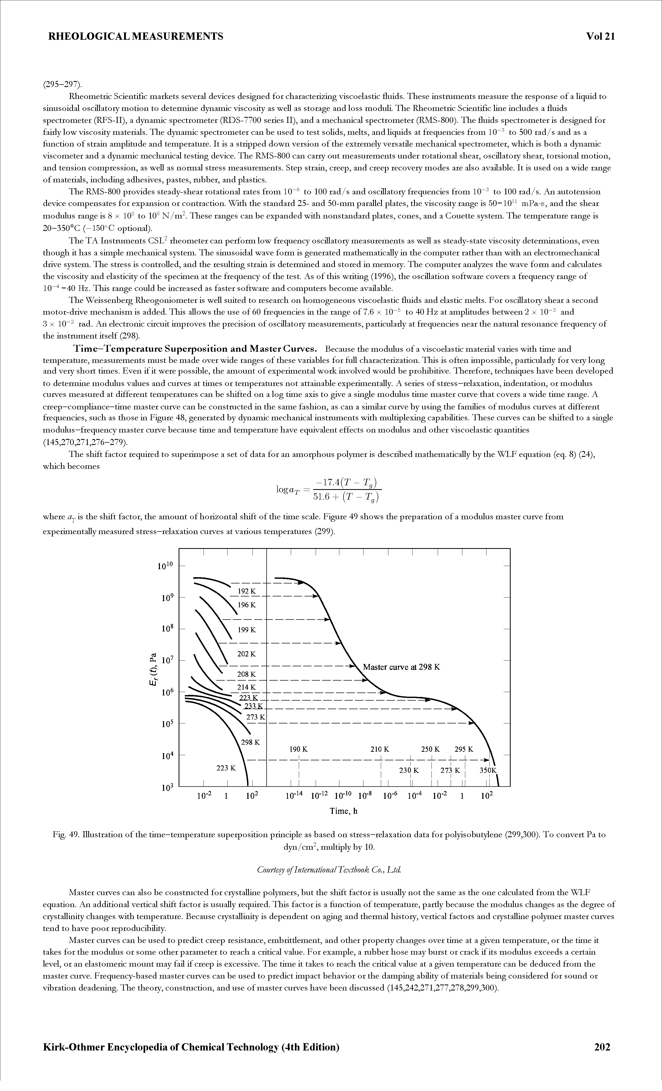 Fig. 49. Illustration of the time—temperature superposition principle as based on stress—relaxation data for polyisobutylene (299,300). To convert Pa to...