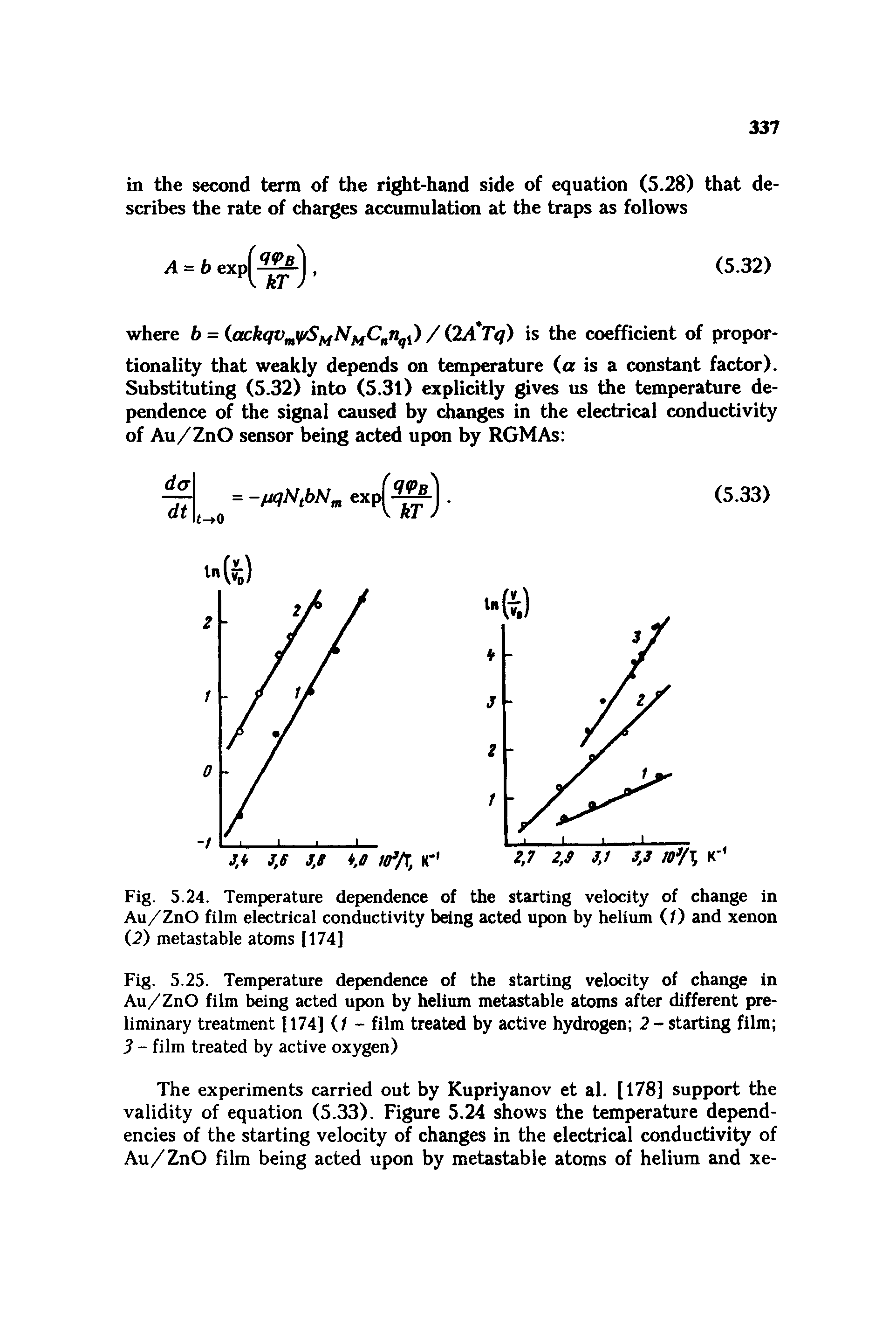 Fig. 5.25. Temperature dependence of the starting velocity of change in Au/ZnO film being acted upon by helium metastable atoms after different preliminary treatment [174] (/ - film treated by active hydrogen 2- starting film 3 - film treated by active oxygen)...