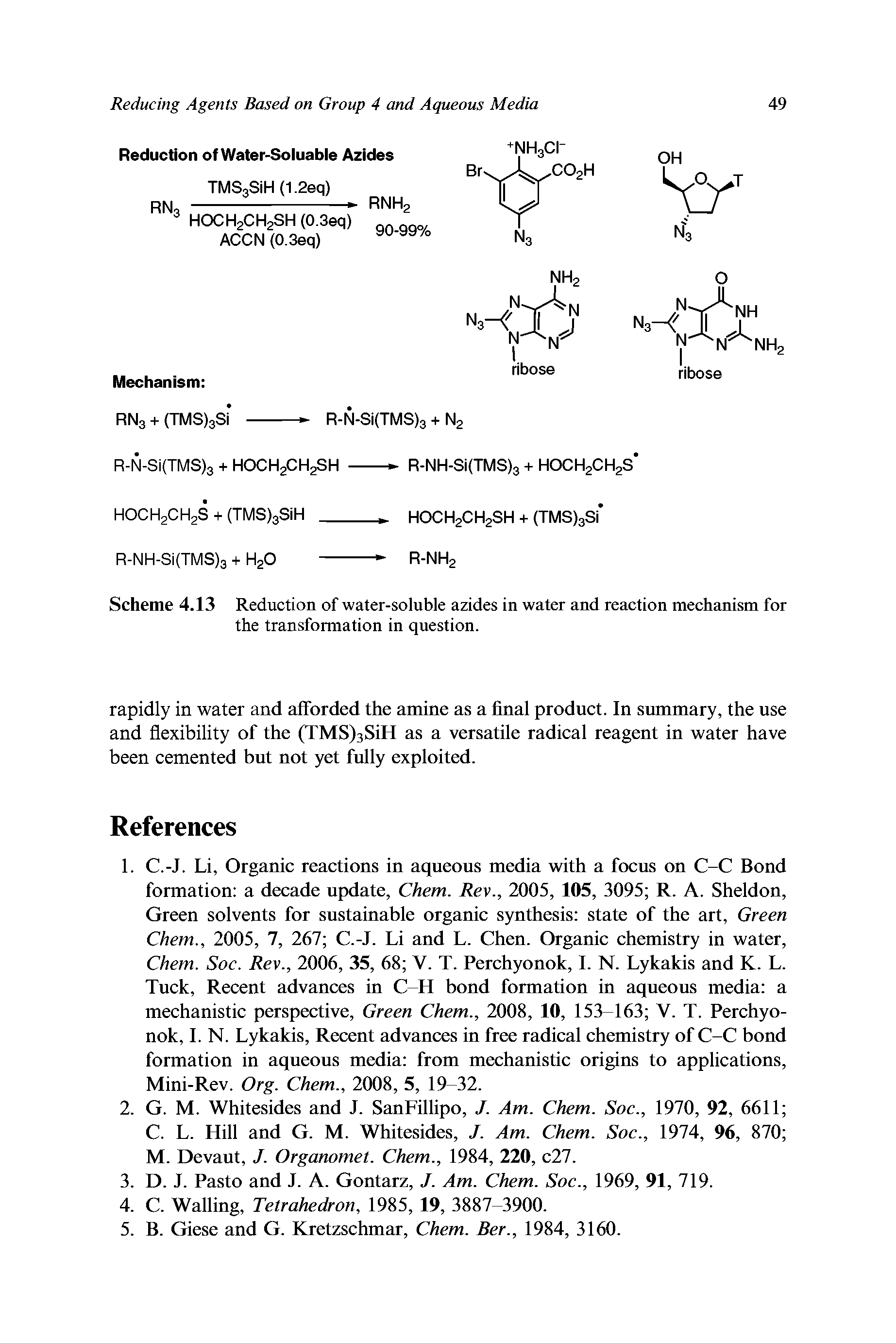 Scheme 4.13 Reduction of water-soluble azides in water and reaction mechanism for the transformation in question.