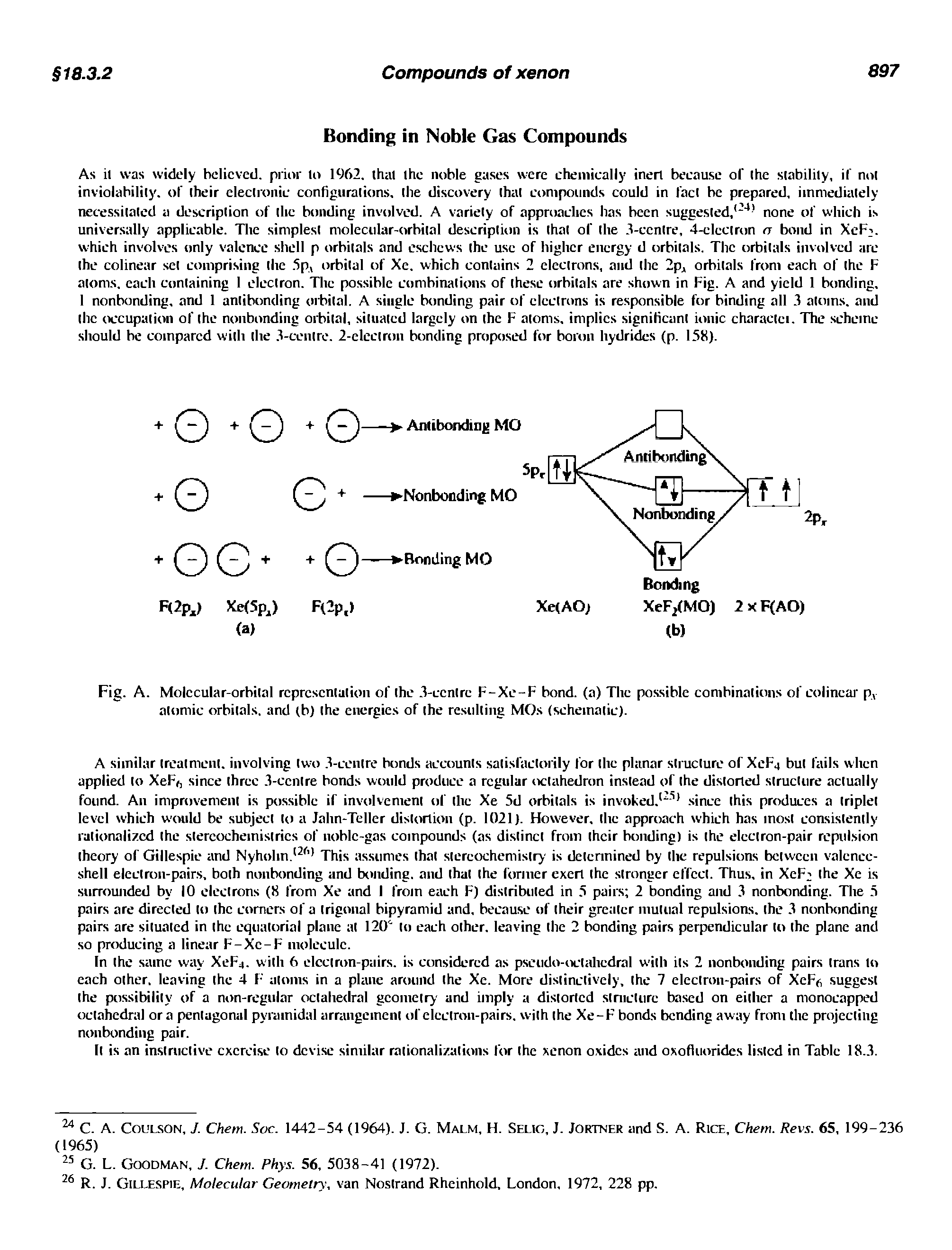 Fig. A. Molecular-orbital representation of the 1-centrc F-Xe-F bond, (a) The possible combinations of colinear p, atomic orbitals, and (b) the energies of the resulting MOs (schematic).