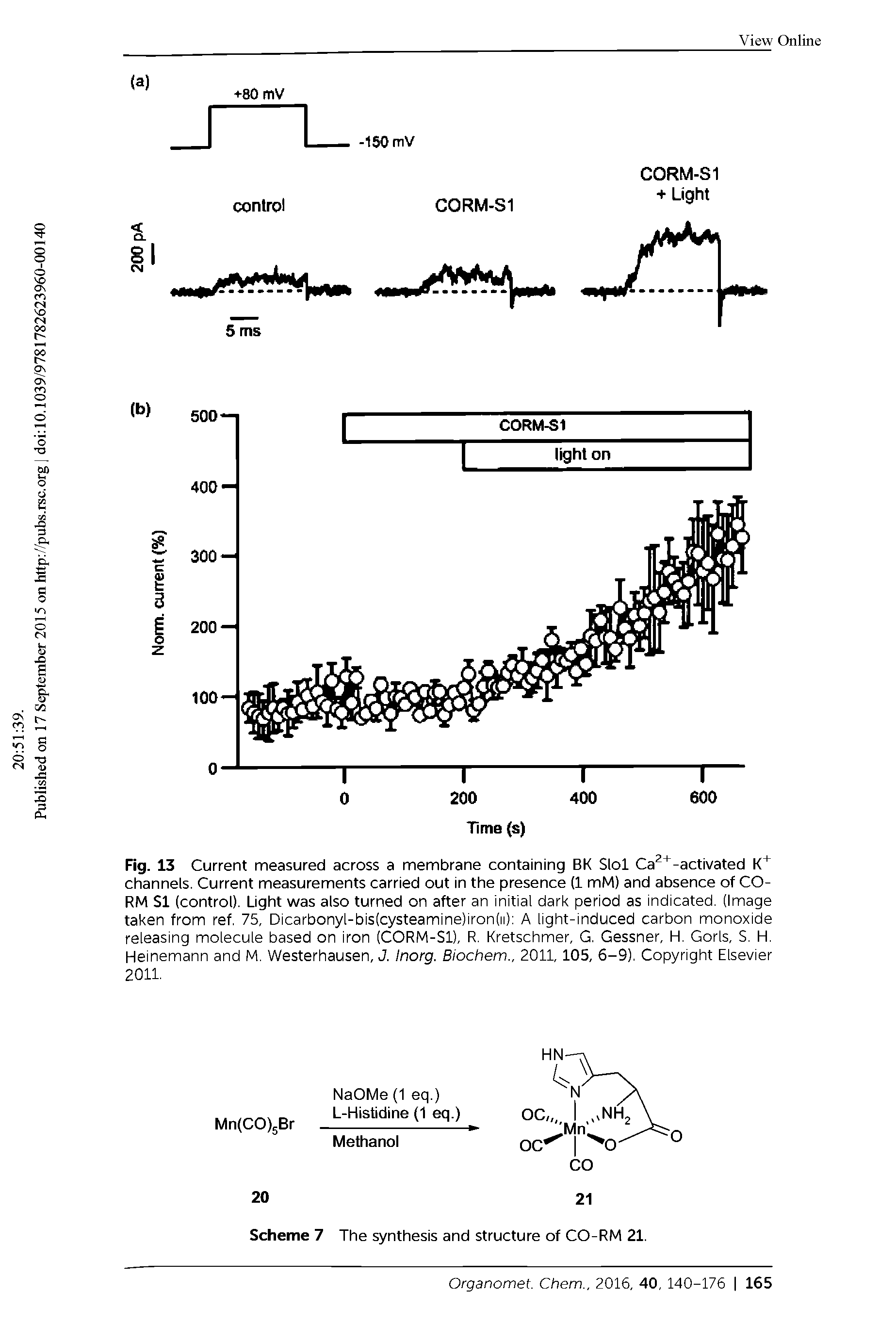 Fig. 13 Current measured across a membrane containing BK Slol Ca -activated K" channels. Current measurements carried out in the presence (1 mM) and absence of CO-RM SI (control). Light was also turned on after an initial dark period as indicated. (Image taken from ref. 75, Dicarbonyl-bis(cysteamine)iron(ii) A light-induced carbon monoxide releasing molecule based on iron (CORM-Sl), R. Kretschmer, G. Gessner, H. Gorls, S. H. Heinemann and M. Westerhausen, J. Inorg. Biochem., 2011,105, 6-9). Copyright Elsevier 2011.
