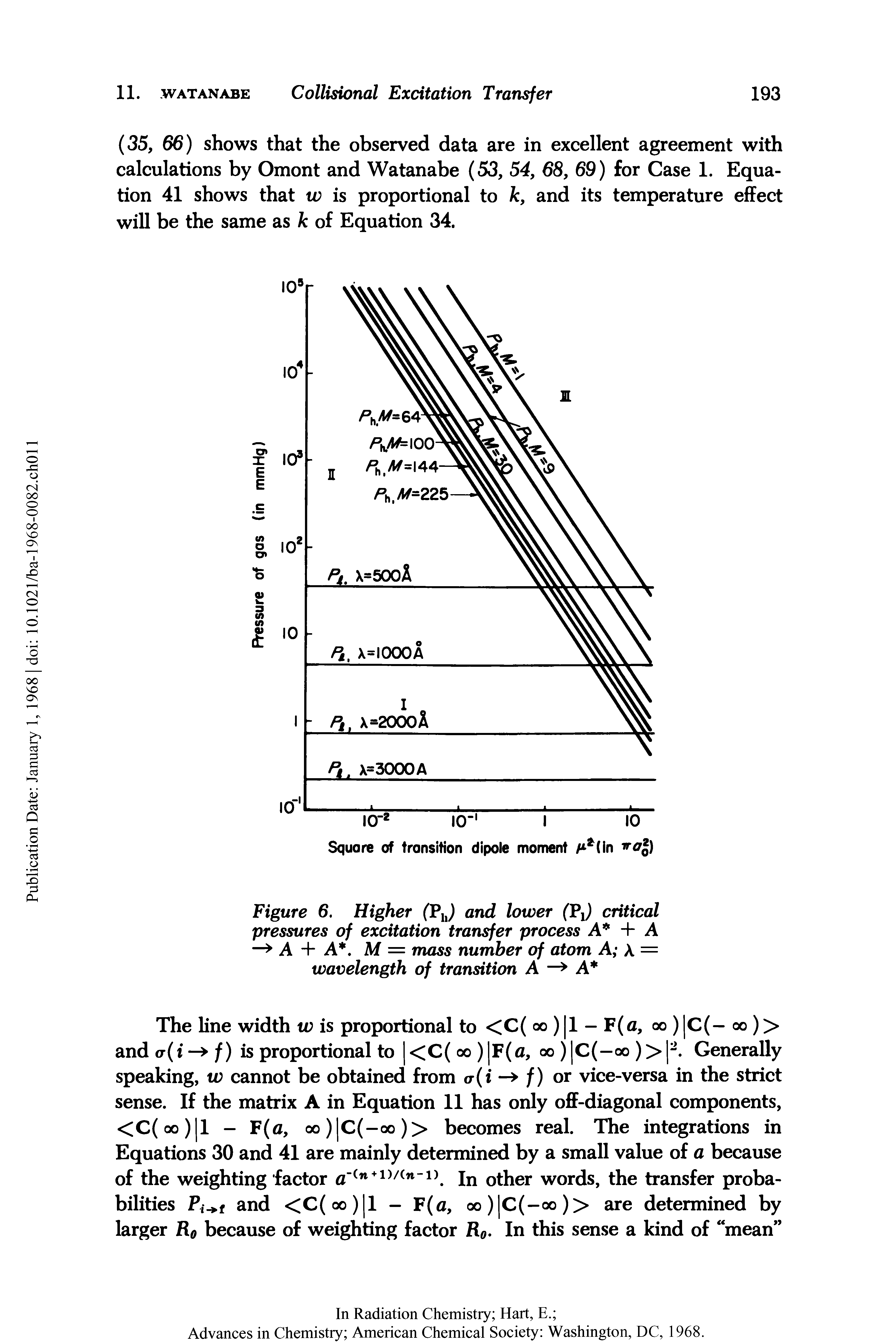 Figure 6. Higher (PJ and lower (PJ critical pressures of excitation transfer process A + A —> A + A. M = mass number of atom A A = wavelength of transition A —> A ...