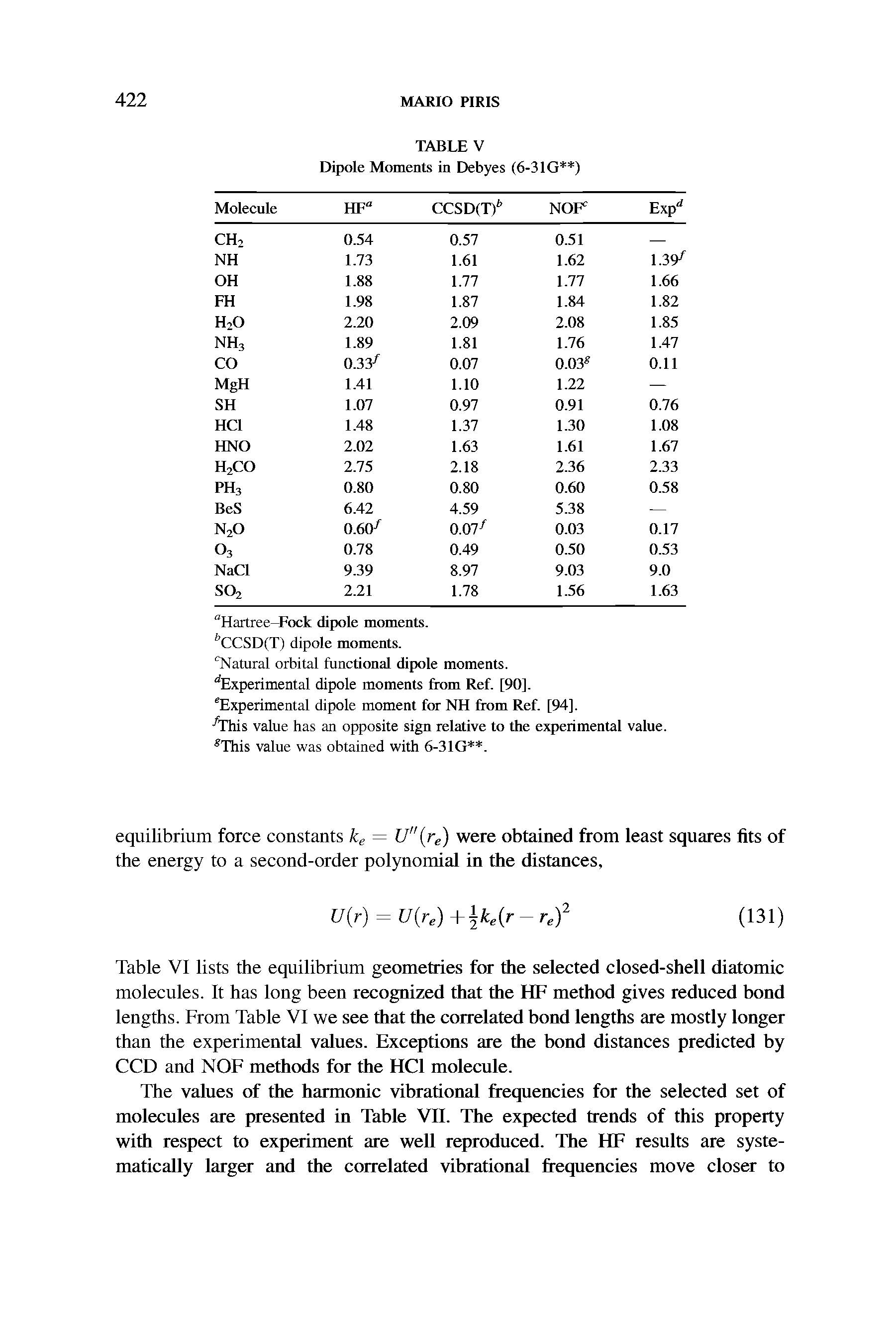 Table VI lists the equilibrium geometries for the selected closed-shell diatomic molecules. It has long been recognized that the HF method gives reduced bond lengths. From Table VI we see that the correlated bond lengths are mostly longer than the experimental values. Exceptions are the bond distances predicted by CCD and NOF methods for the HCl molecule.