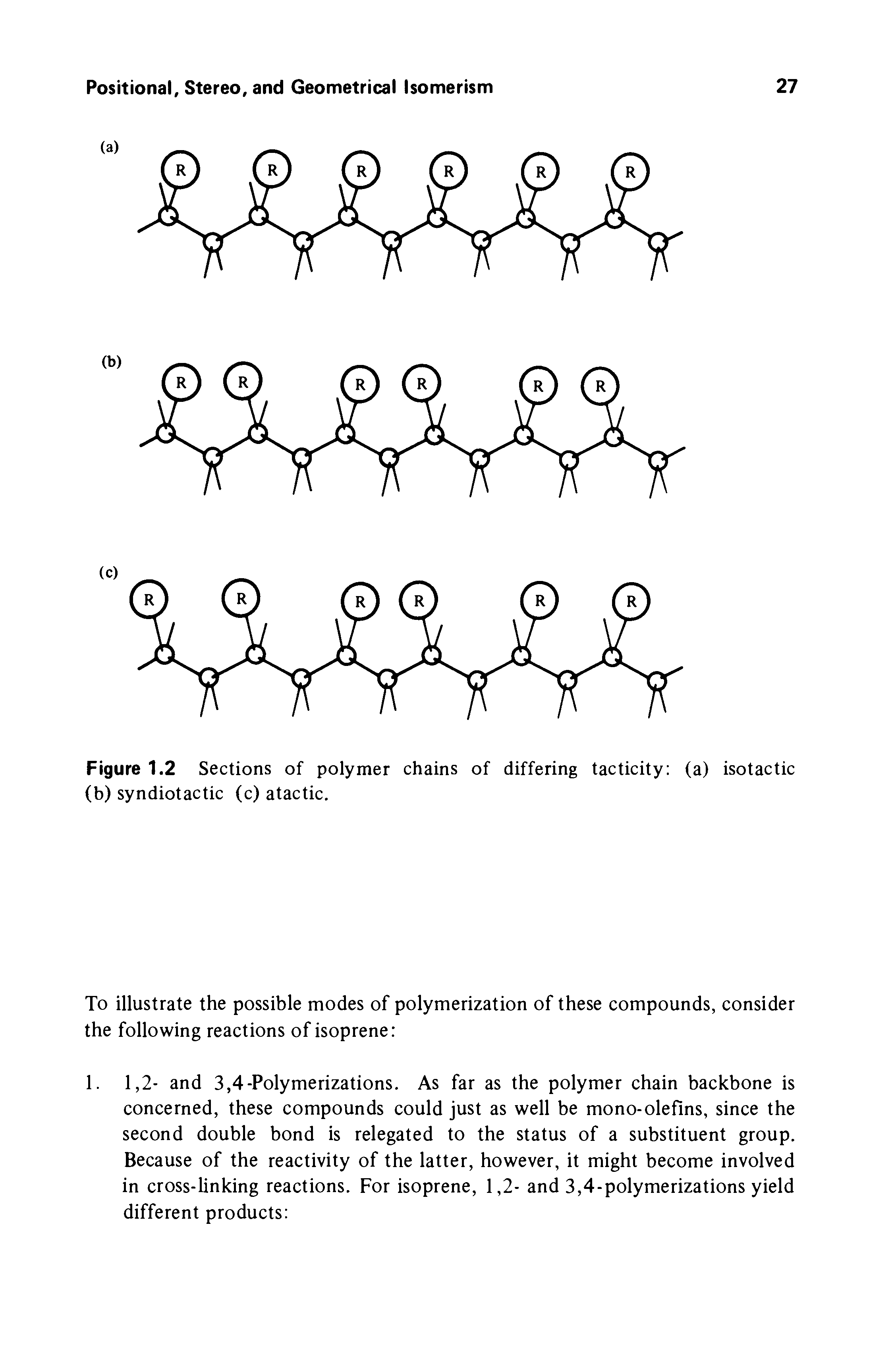 Figure 1.2 Sections of polymer chains of differing tacticity (a) isotactic (b) syndiotactic (c) atactic.
