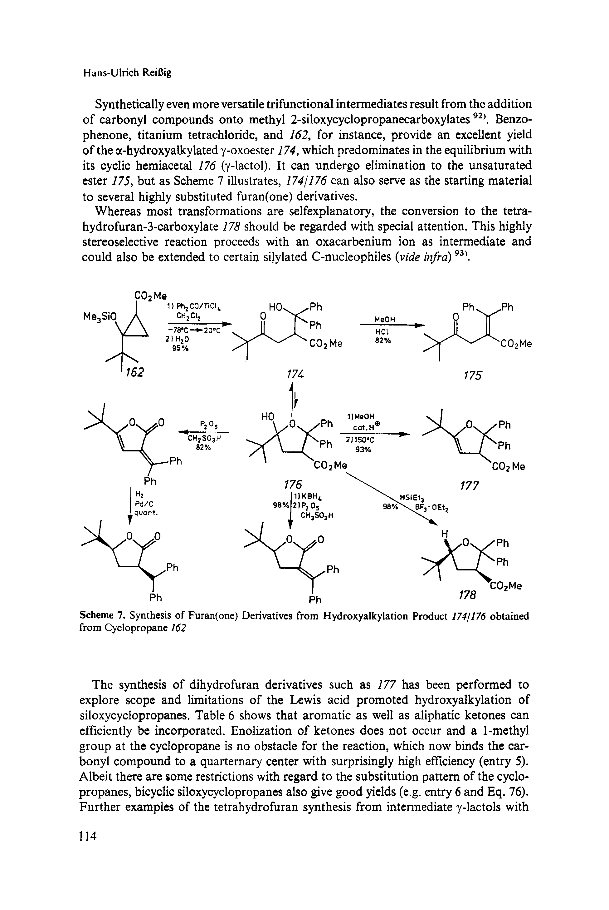 Scheme 7. Synthesis of Furan(one) Derivatives from Hydroxyalkylation Product 1741176 obtained from Cyclopropane 162...