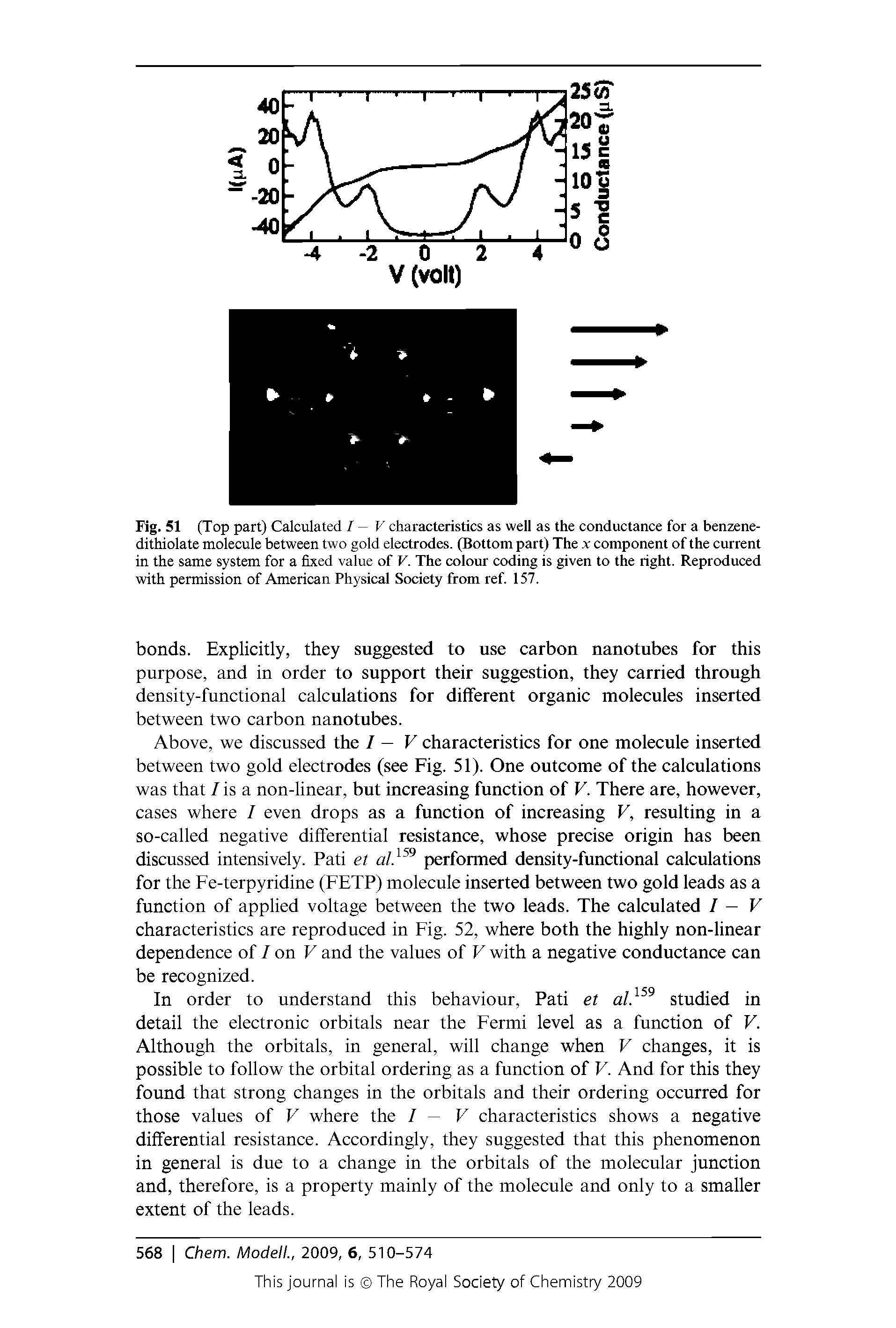 Fig. 51 (Top part) Calculated I — V characteristics as well as the conductance for a benzene-dithiolate molecule between two gold electrodes. (Bottom part) The x component of the current in the same system for a fixed value of V. The colour coding is given to the right. Reproduced with permission of American Physical Society from ref. 157.