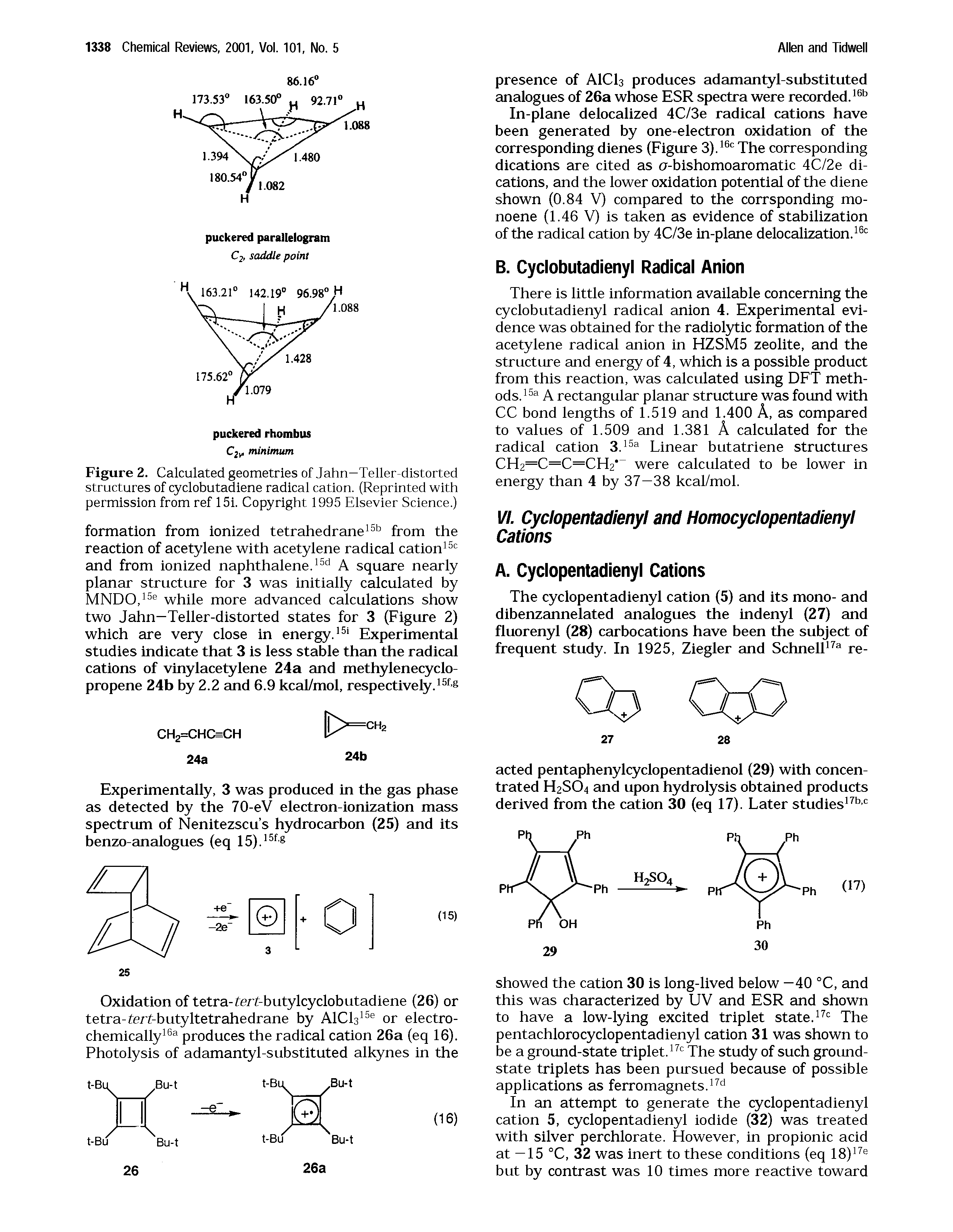 Figure 2. Calculated geometries of Jahn—Teller-distorted structures of cyclobutadiene radical cation. (Reprinted with permission from ref 15i. Copyright 1995 Elsevier Science.)...