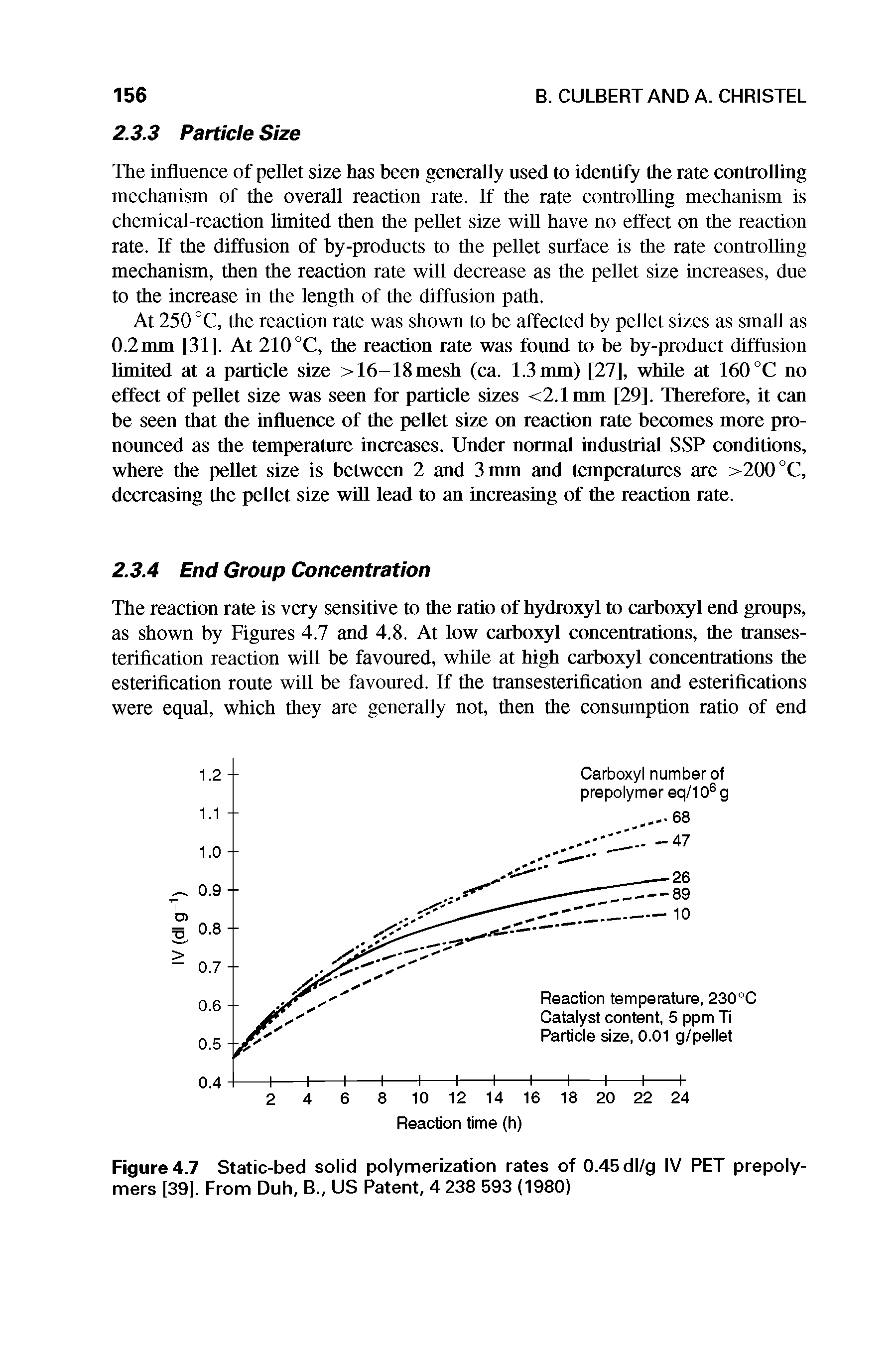 Figure 4.7 Static-bed solid polymerization rates of 0.45 dl/g IV PET prepolymers [39]. From Duh, B., US Patent, 4 238 593 (1980)...