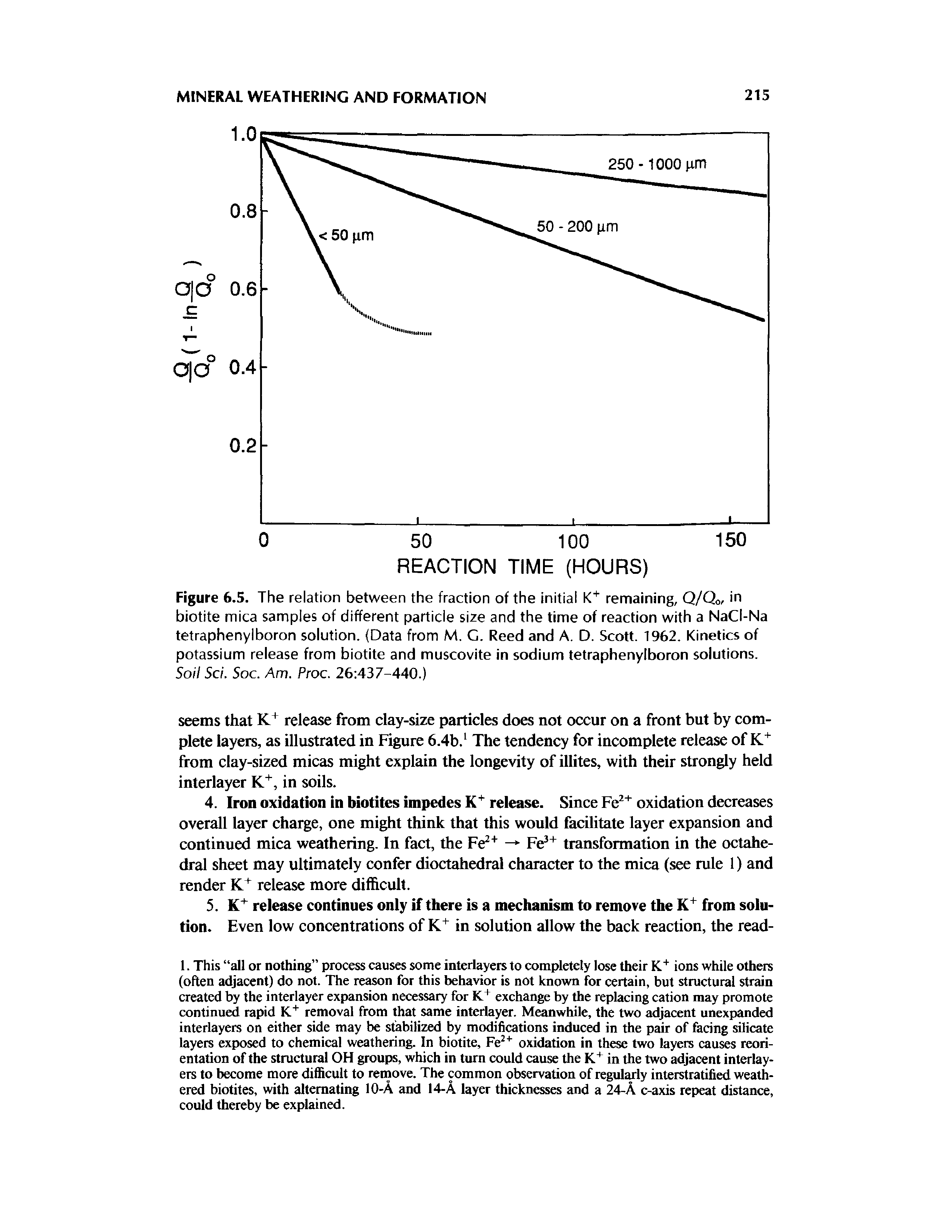Figure 6.5. The relation between the fraction of the initial K" remaining, Q/Qo, in biotite mica samples of different particle si2e and the time of reaction with a NaCl-Na tetraphenylboron solution. (Data from M. G. Reed and A. D. Scott. 1962. Kinetics of potassium release from biotite and muscovite in sodium tetraphenylboron solutions. Soil Sci. Soc. Am. Proc. 26 437-440.)...