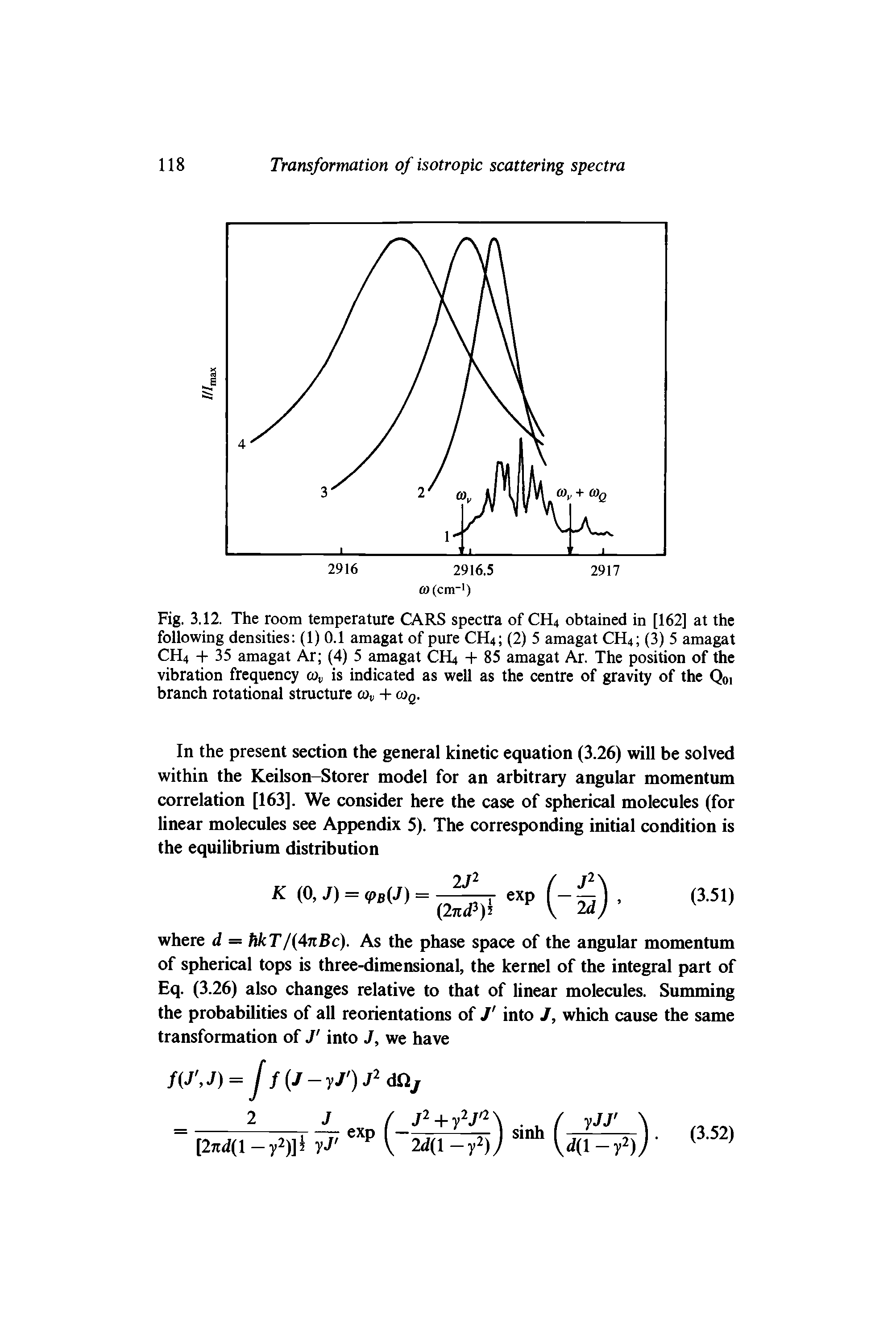 Fig. 3.12. The room temperature CARS spectra of CH4 obtained in [162] at the following densities (1) 0.1 amagat of pure CH4 (2) 5 amagat CH4 (3) 5 amagat CH4 + 35 amagat Ar (4) 5 amagat CH4 + 85 amagat Ar. The position of the vibration frequency wv is indicated as well as the centre of gravity of the Q0i branch rotational structure wv + coq.