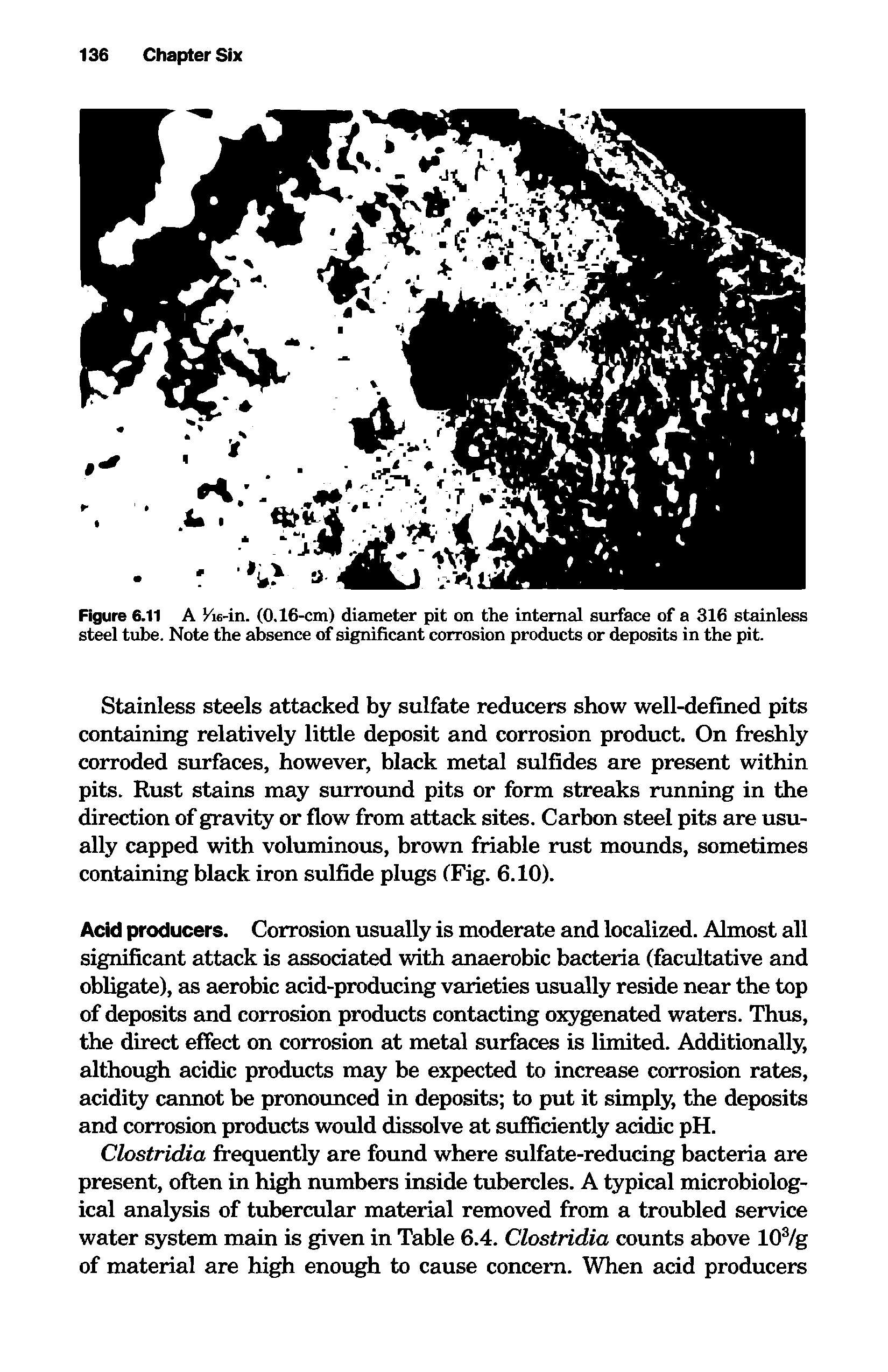 Figure 6.11 A Vie-in. (0.16-cm) diameter pit on the internal surface of a 316 stainless steel tube. Note the absence of significant corrosion products or deposits in the pit.