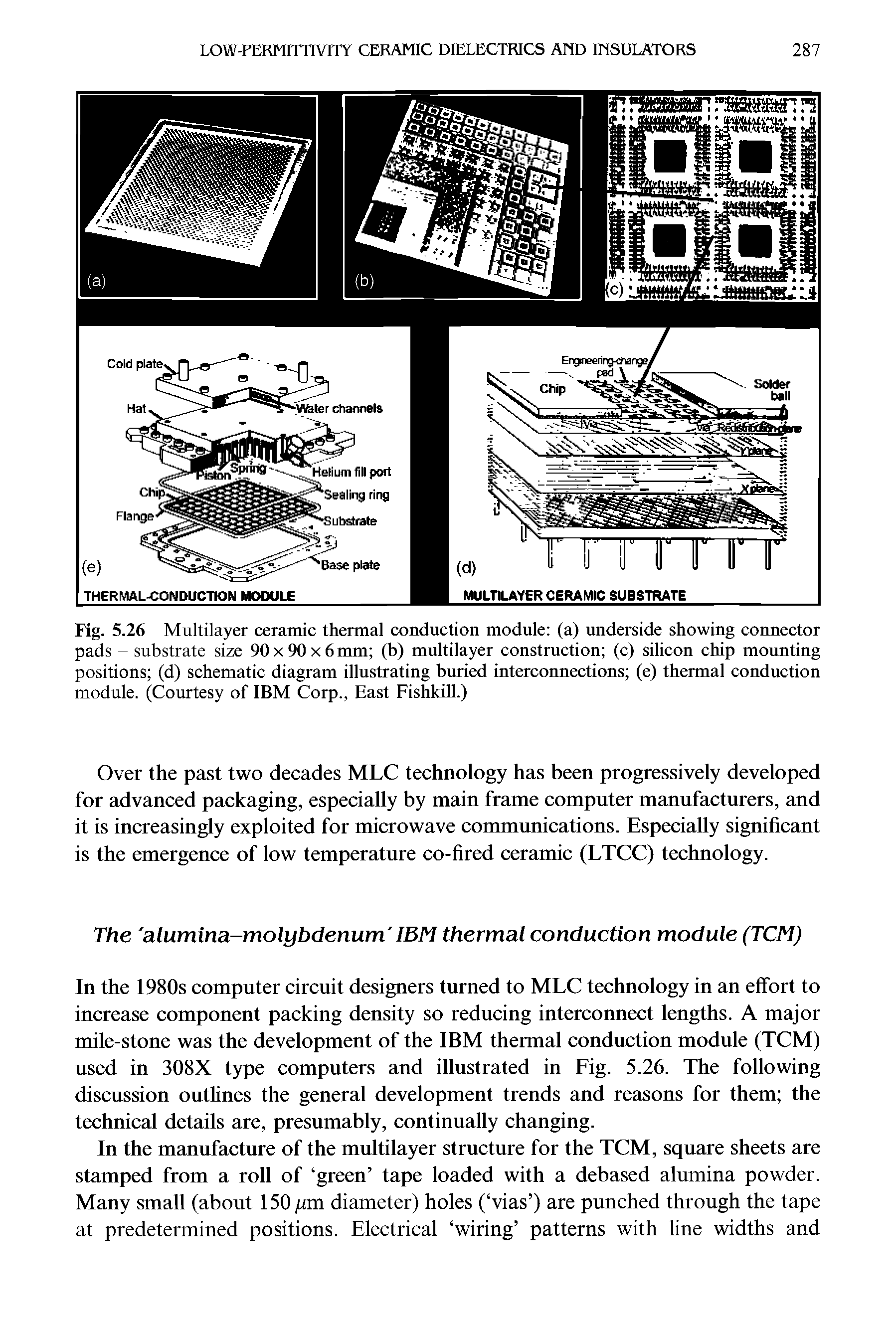 Fig. 5.26 Multilayer ceramic thermal conduction module (a) underside showing connector pads - substrate size 90 x 90 x 6 mm (b) multilayer construction (c) silicon chip mounting positions (d) schematic diagram illustrating buried interconnections (e) thermal conduction module. (Courtesy of IBM Corp., East Fishkill.)...