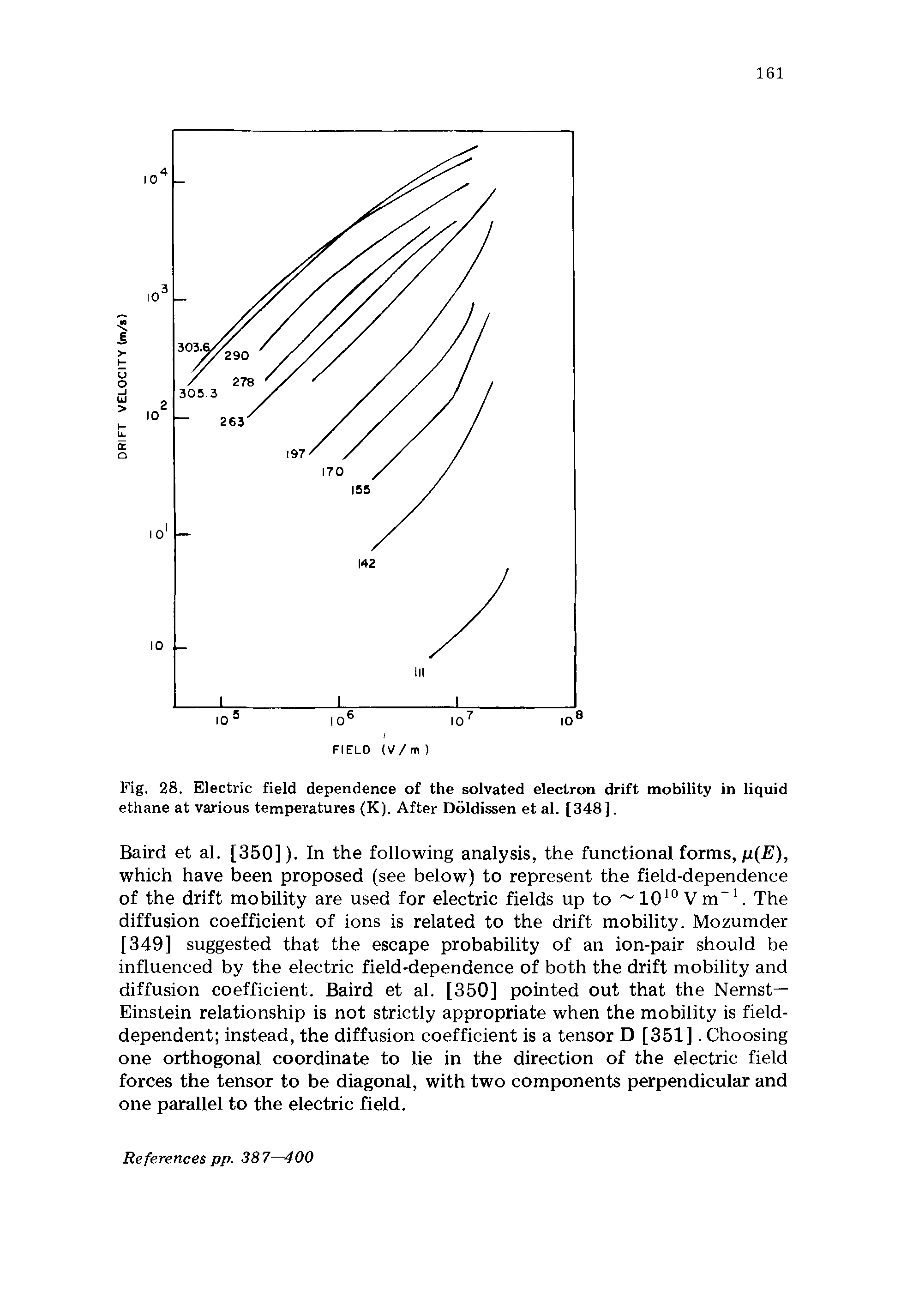 Fig. 28. Electric field dependence of the solvated electron drift mobility in liquid ethane at various temperatures (K). After Doldissen et al. [348].