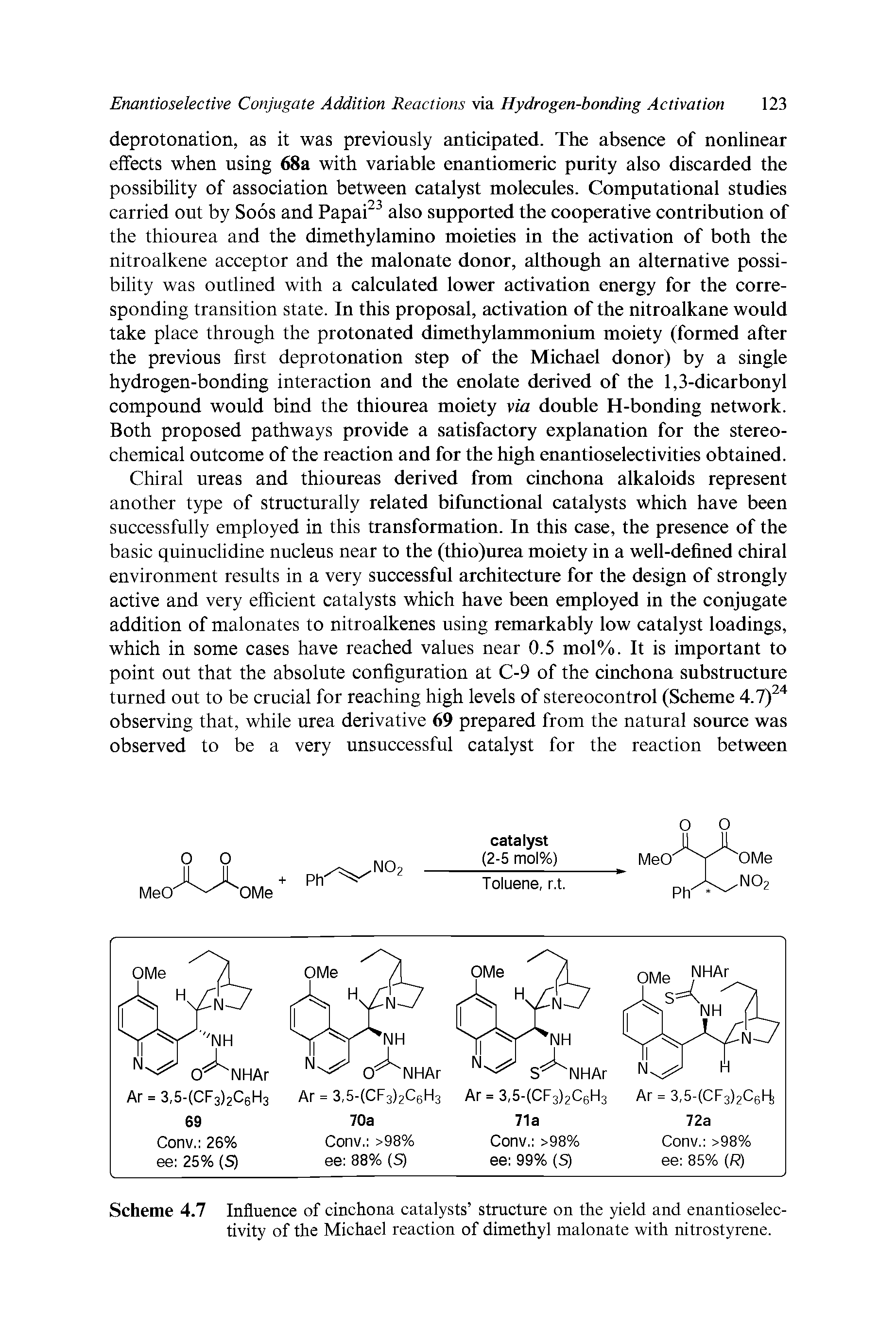 Scheme 4.7 Influence of cinchona catalysts structure on the yield and enantioselec-tivity of the Michael reaction of dimethyl malonate with nitrostyrene.