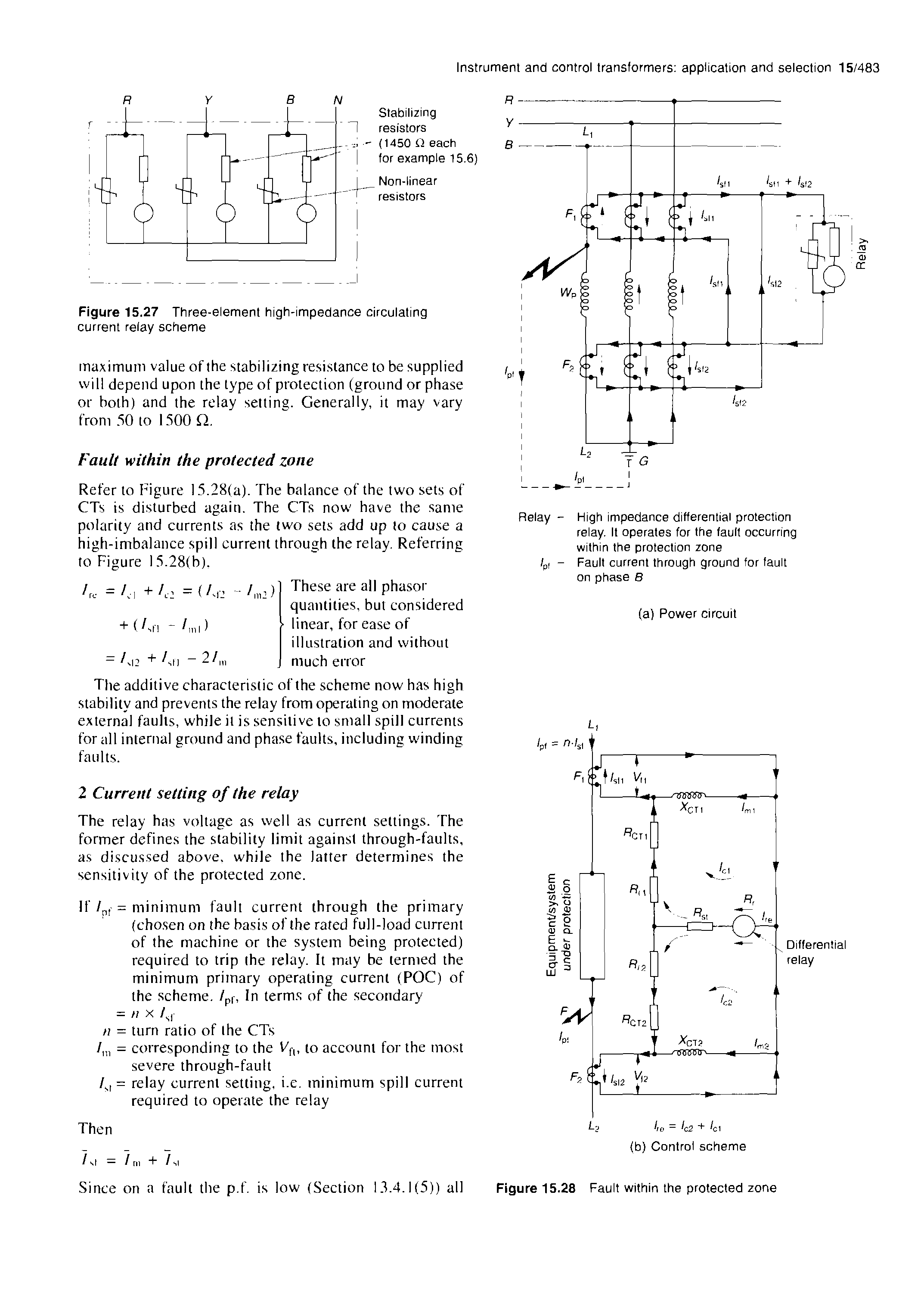 Figure 15.27 Three-element high-impedance circulating current relay scheme...