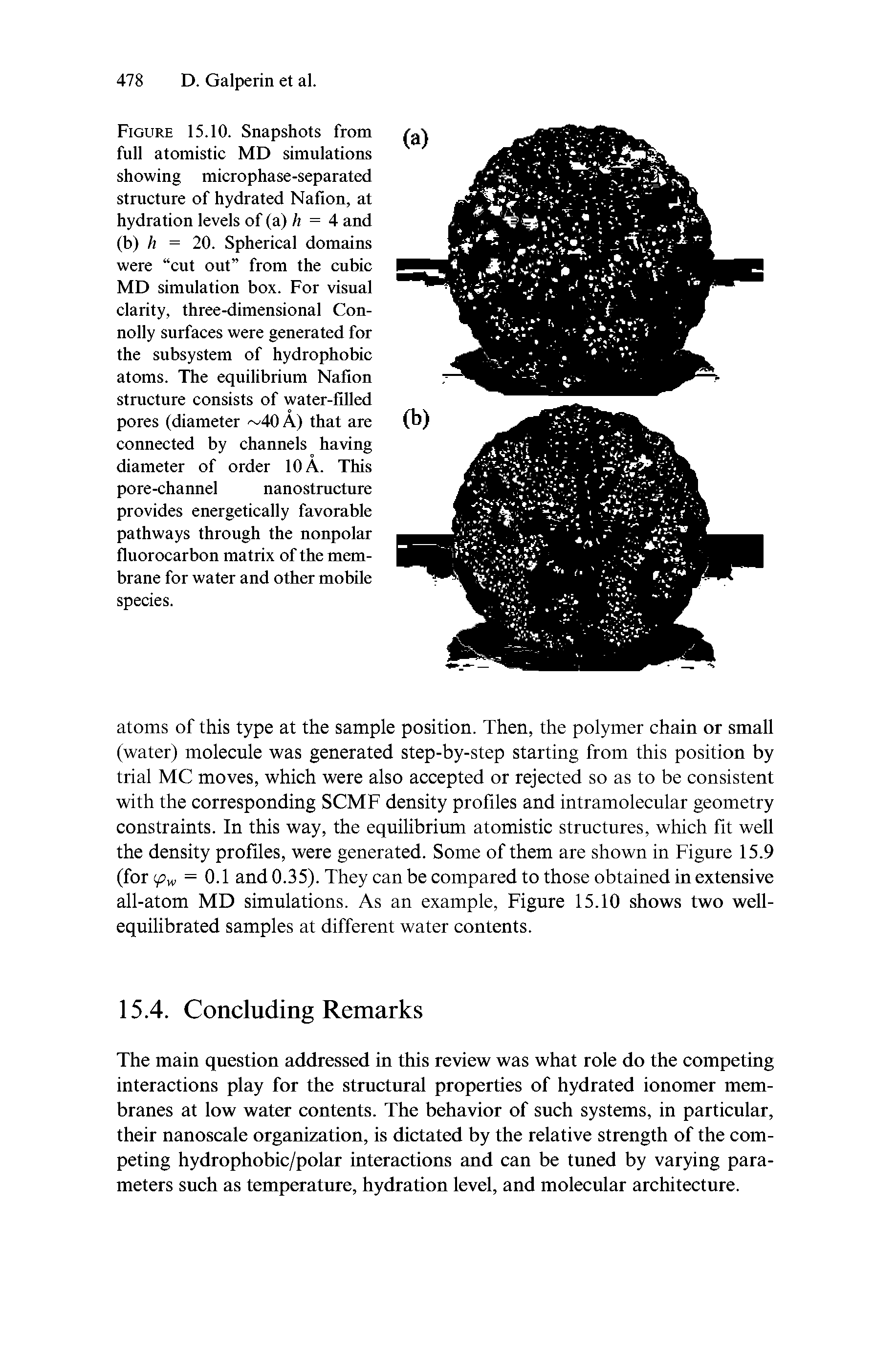 Figure 15.10. Snapshots from full atomistic MD simulations showing microphase-separated structure of hydrated Nafion, at hydration levels of (a) /i = 4 and (b) h = 20. Spherical domains were cut out from the cubic MD simulation box. For visual clarity, three-dimensional Connolly surfaces were generated for the subsystem of hydrophobic atoms. The equilibrium Nafion structure consists of water-filled pores (diameter 40 A) that are connected by channels having diameter of order 10 A. This pore-channel nanostructure provides energetically favorable pathways through the nonpolar fluorocarbon matrix of the membrane for water and other mobile species.