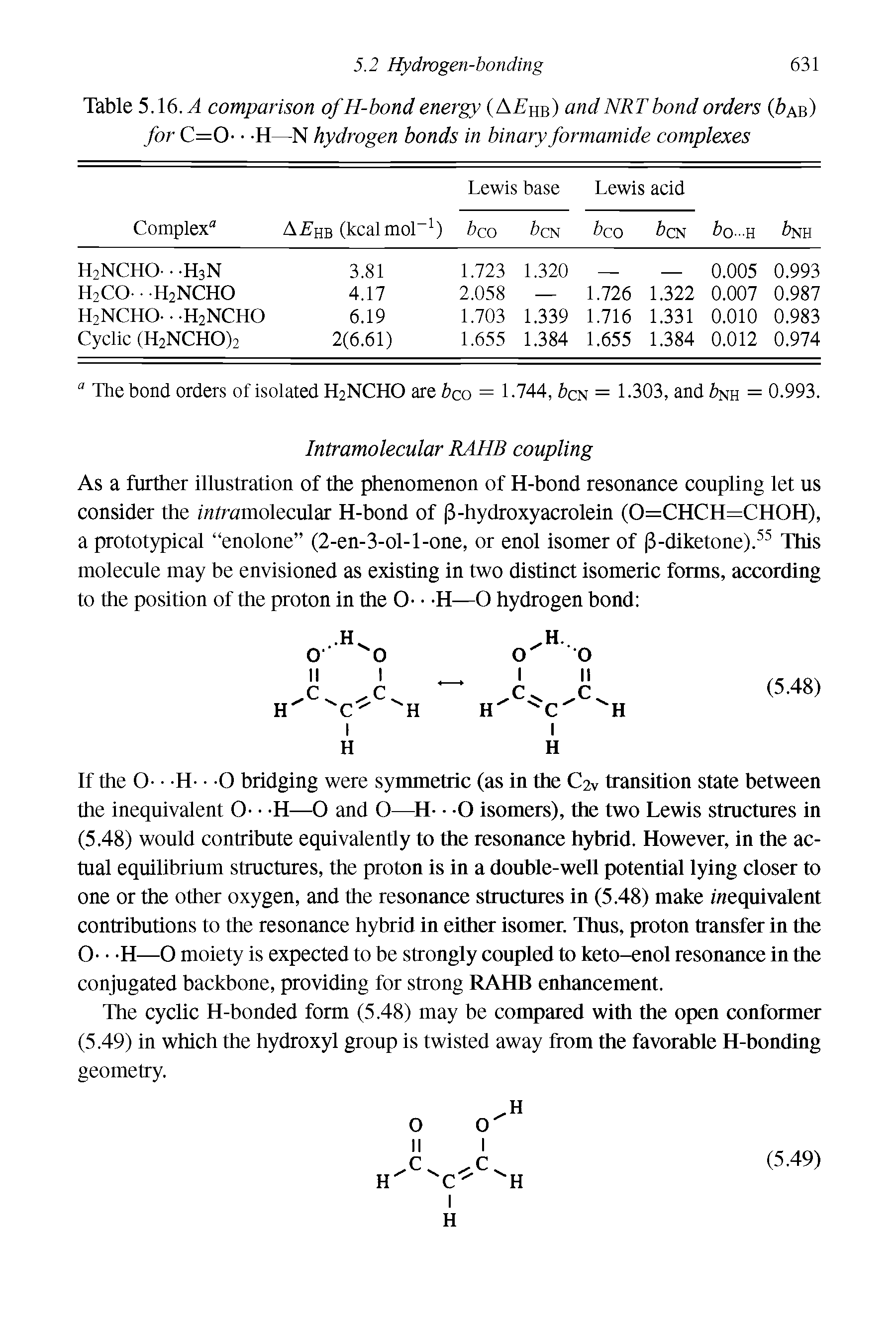 Table 5.16. A comparison ofH-bond energy (AAhb) andNRTbond orders ( ab) for C=0- H—N hydrogen bonds in binary formamide complexes...