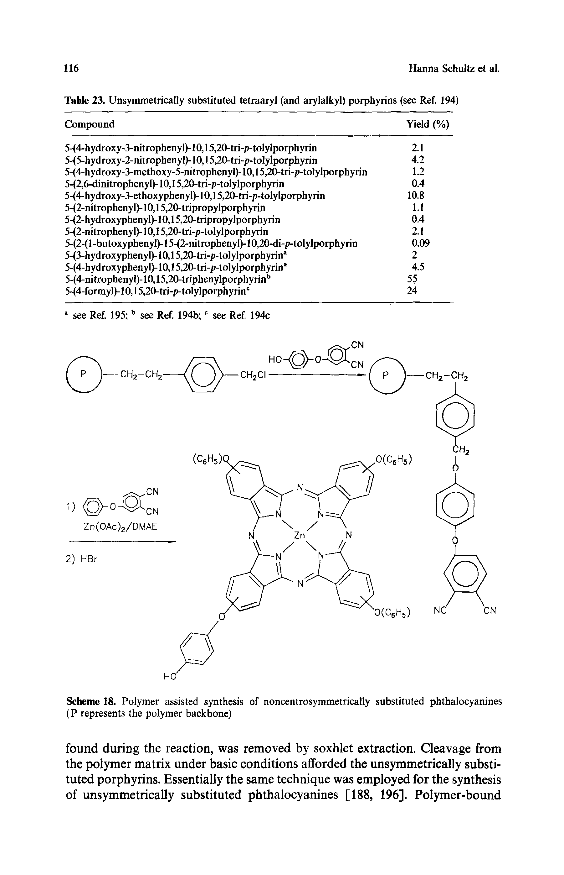 Scheme 18. Polymer assisted synthesis of noncentrosymmetrically substituted phthalocyanines (P represents the polymer backbone)...