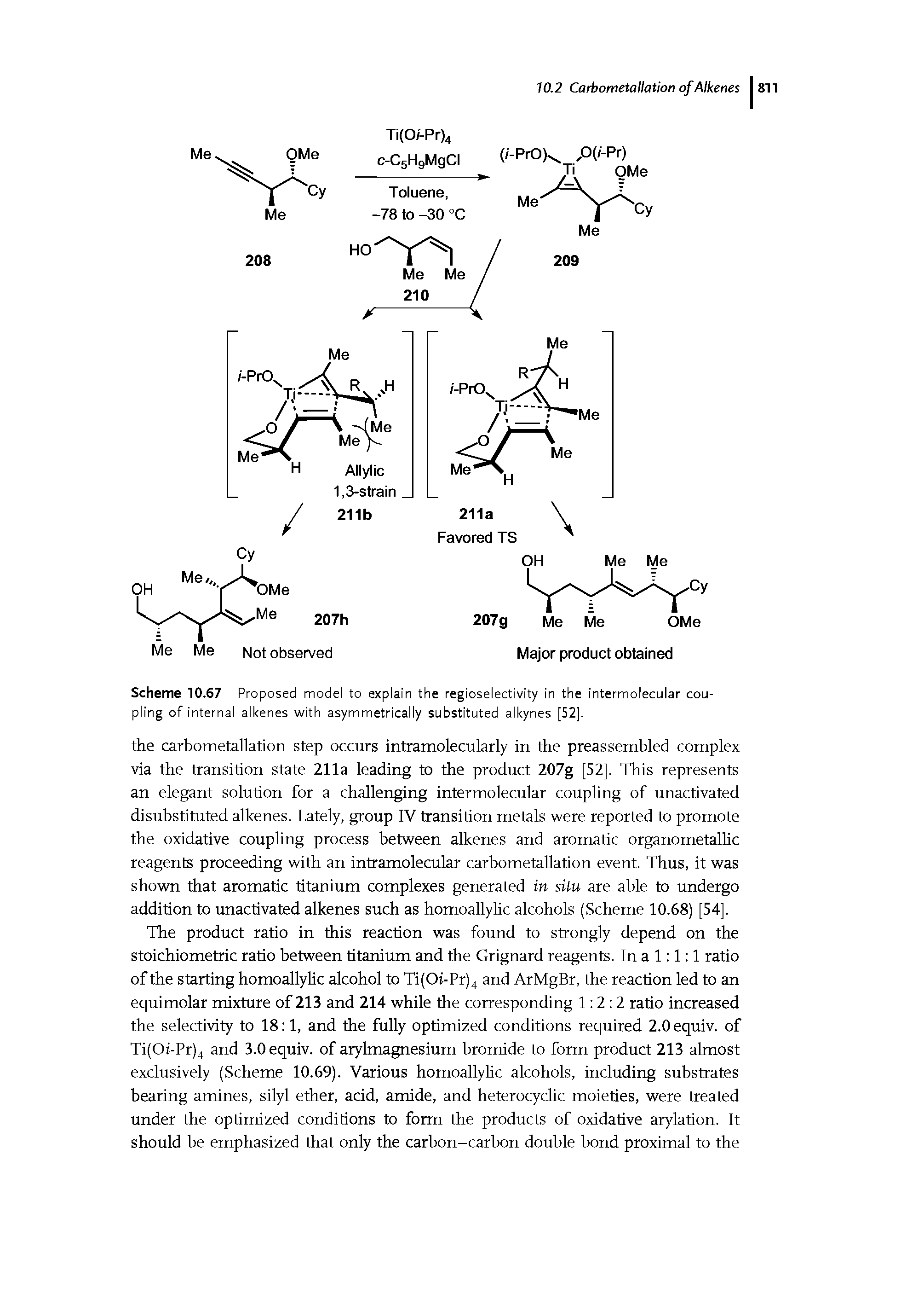 Scheme 10.67 Proposed model to explain the regioselectivity in the intermolecular coupling of internal alkenes with asymmetrically substituted alkynes [52].