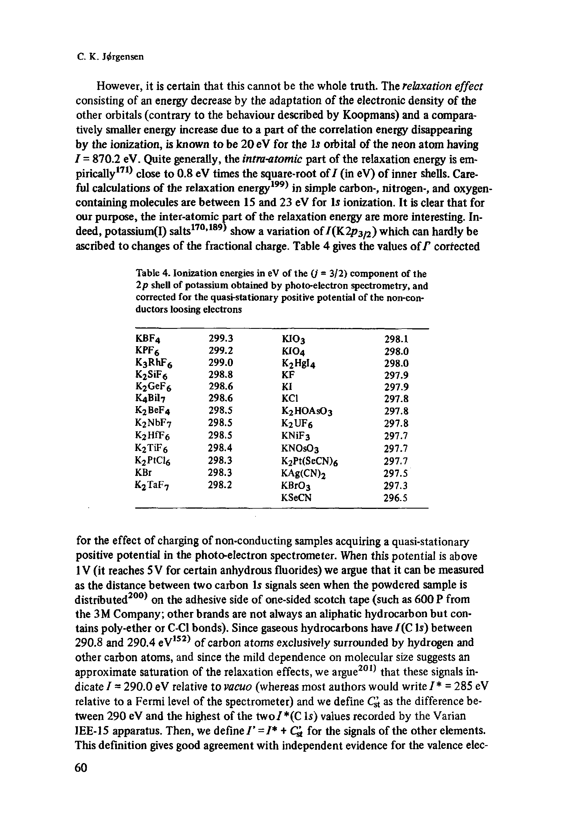 Table 4. Ionization energies in eV of the (J = 3/2) component of the 2 p shell of potassium obtained by photo-electron spectrometry, and corrected for the quasi-stationary positive potential of the non-conductors loosing electrons...