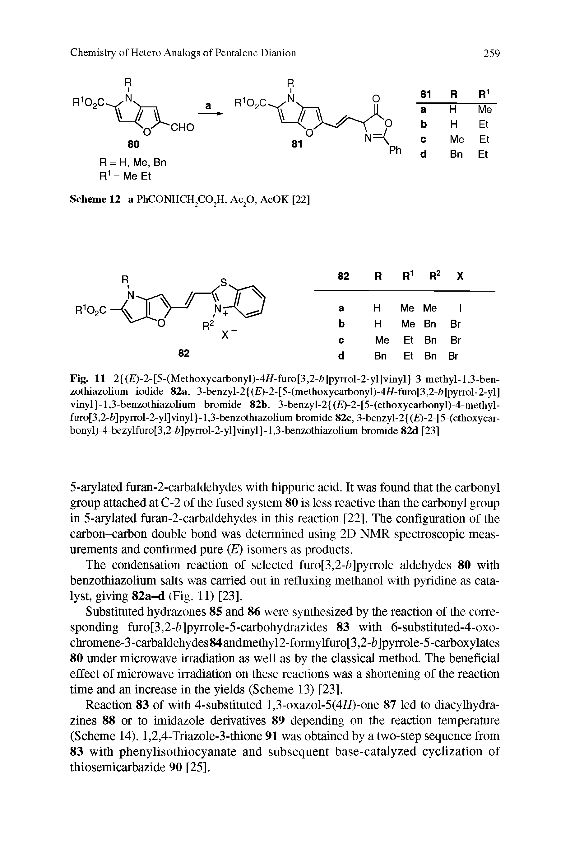 Fig. 11 2 (E)-2-[5-(Methoxycarbonyl)-4//-furo[3,2-Z>]pyrrol-2-yl]vinyl -3-methyl-l,3-ben-zothiazolium iodide 82a, 3-benzyl-2 ( )-2-[5-(methoxycarbonyl)-4//-furo[3,2-2>]pyrrol-2-yl] vinyl -l,3-benzothiazolium bromide 82b, 3-benzyl-2 (E)-2-[5-(ethoxycarbonyl)-4-methyl-furo 3.2-h pyrrol-2-yl vinyl)-l,3-benzothiazolium bromide 82c, 3-benzyl-2 ( )-2- 5-(cthoxycar-bonylj-4-bczylfuro[3,2-h]pyrrol-2-yllvinyl (-1,3-benzothiazolium bromide 82d [23]...