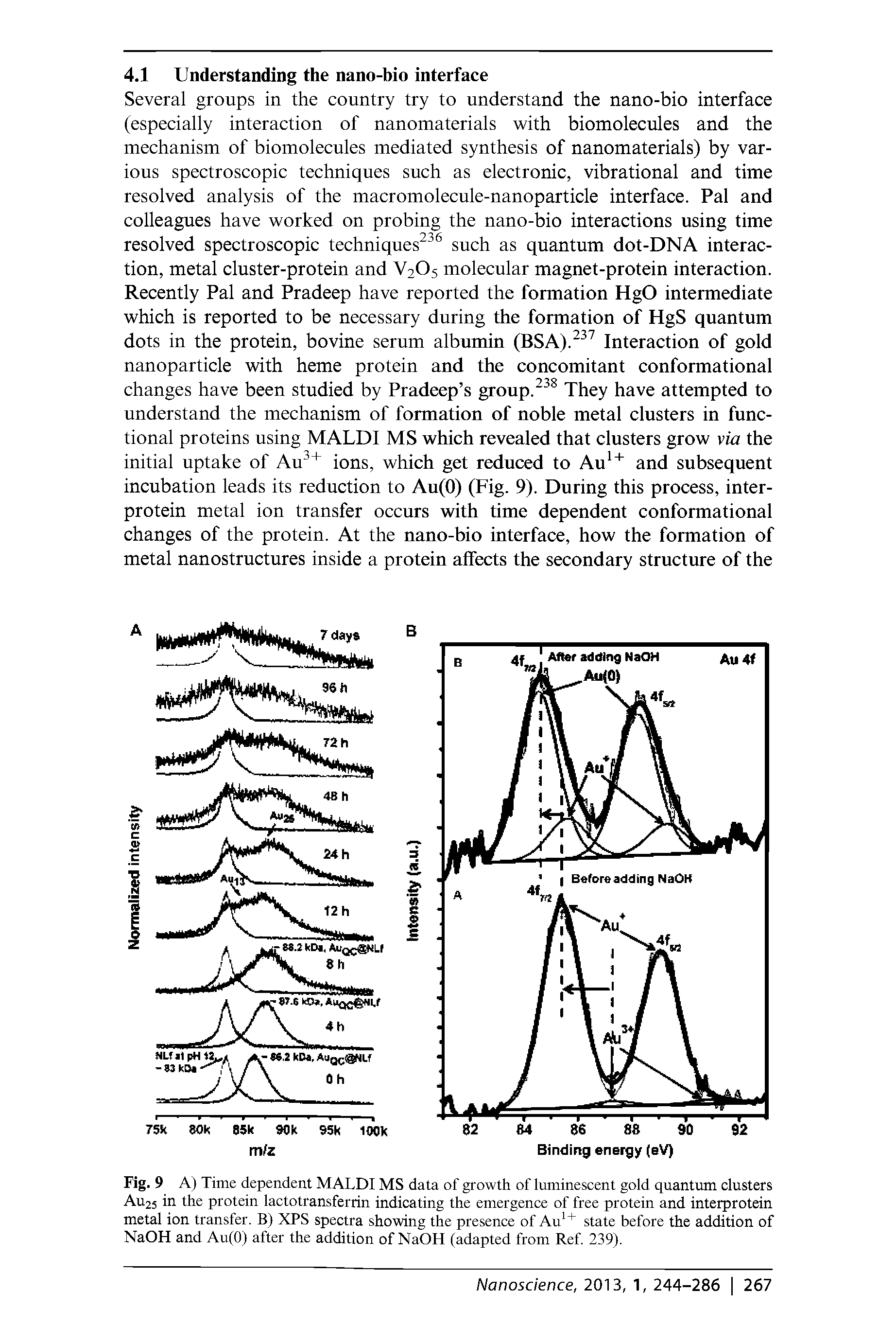 Fig. 9 A) Time dependent MALDI MS data of growth of luminescent gold quantum clusters Au25 in the protein lactotransferrin indicating the emergence of free protein and interprotein metal ion transfer. B) XPS spectra showing the presence of Au state before the addition of NaOH and Au(0) after the addition of NaOH (adapted from Ref. 239).
