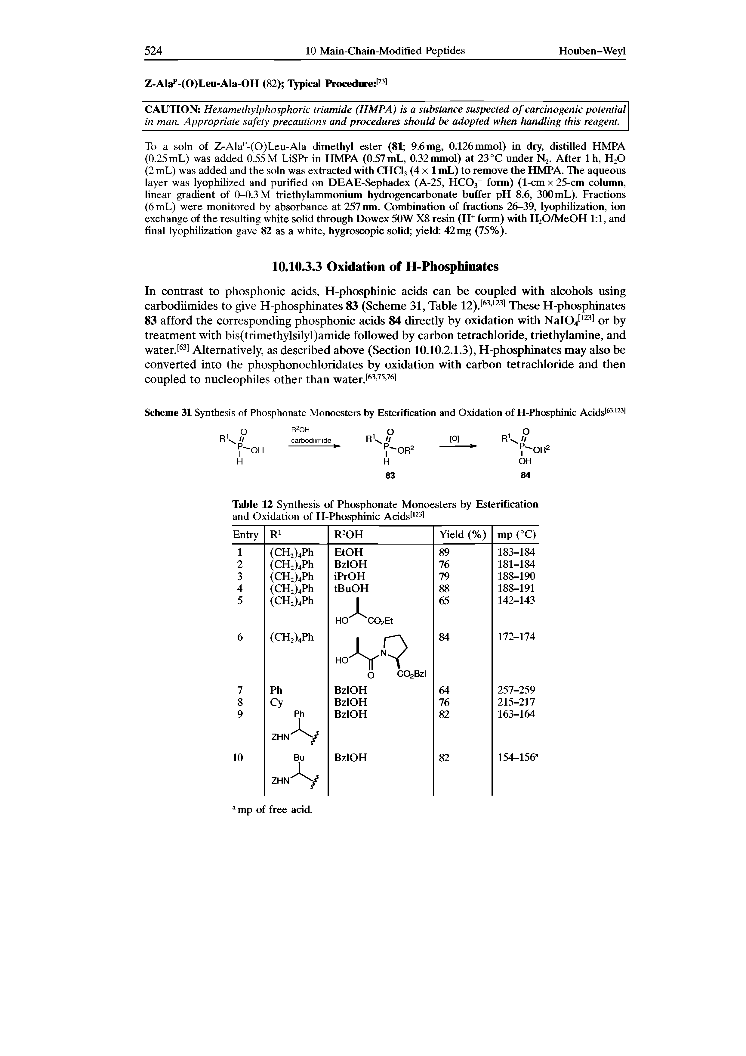 Scheme 31 Synthesis of Phosphonate Monoesters by Esterification and Oxidation of H-Phosphinic Acids 63-1231...