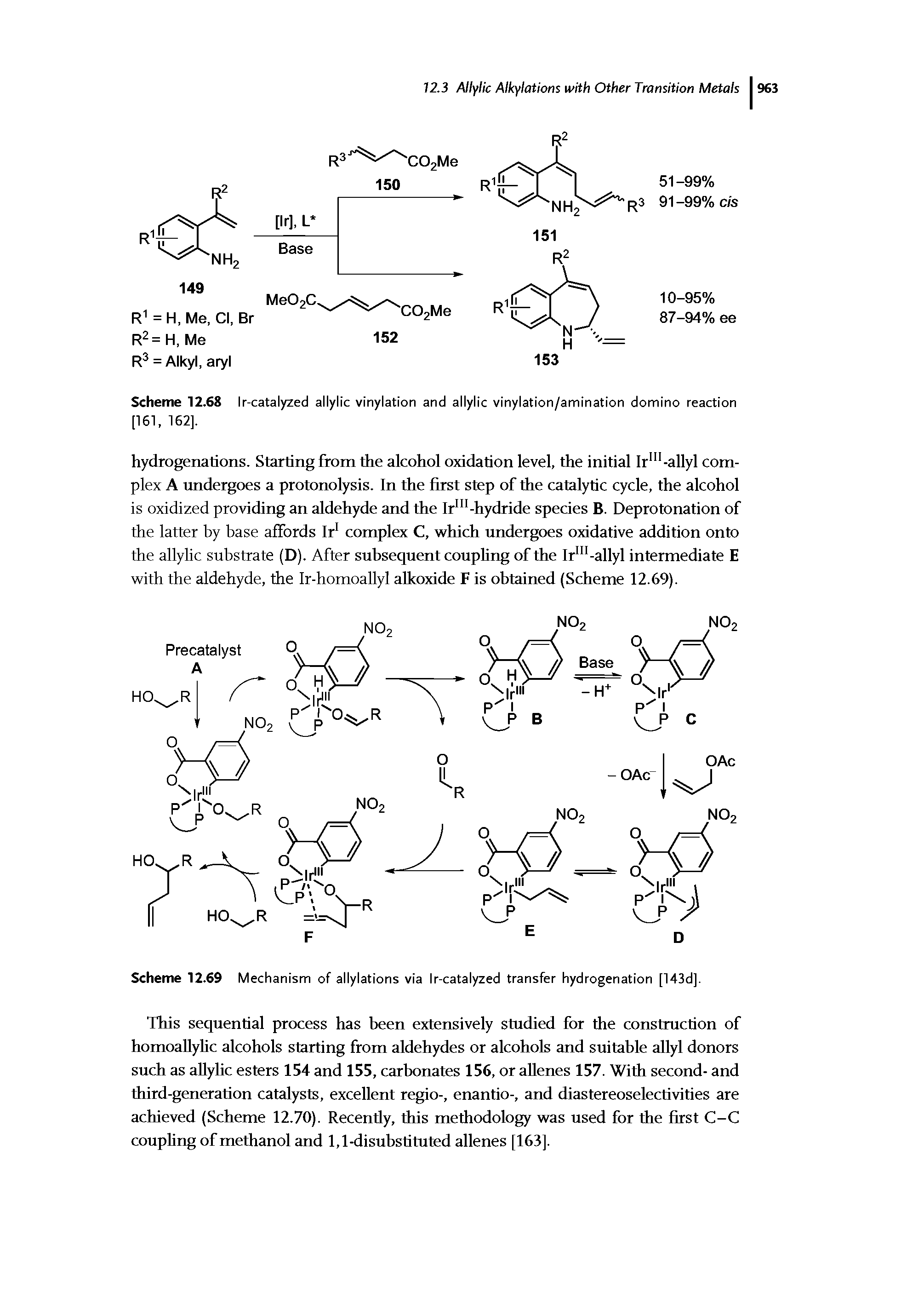 Scheme 12.68 Ir-catalyzed allylic vinylation and allylic vinylation/amination domino reaction [161, 162],...