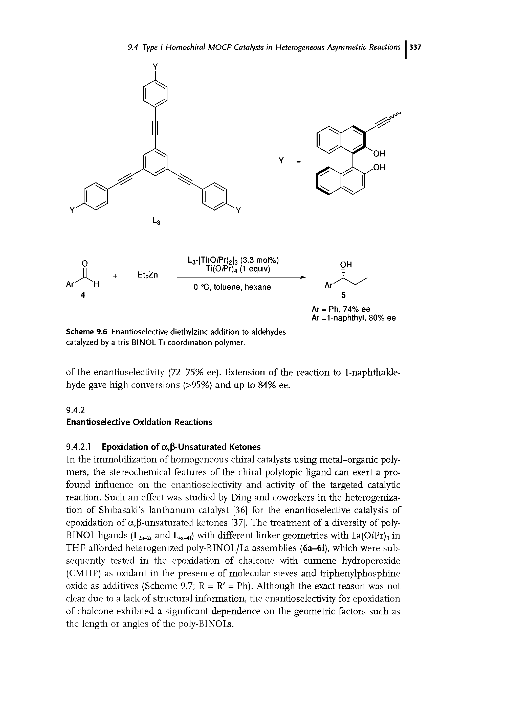 Scheme 9.6 Enantioselective diethylzinc addition to aldehydes catalyzed by a tris-BINOL Ti coordination polymer.