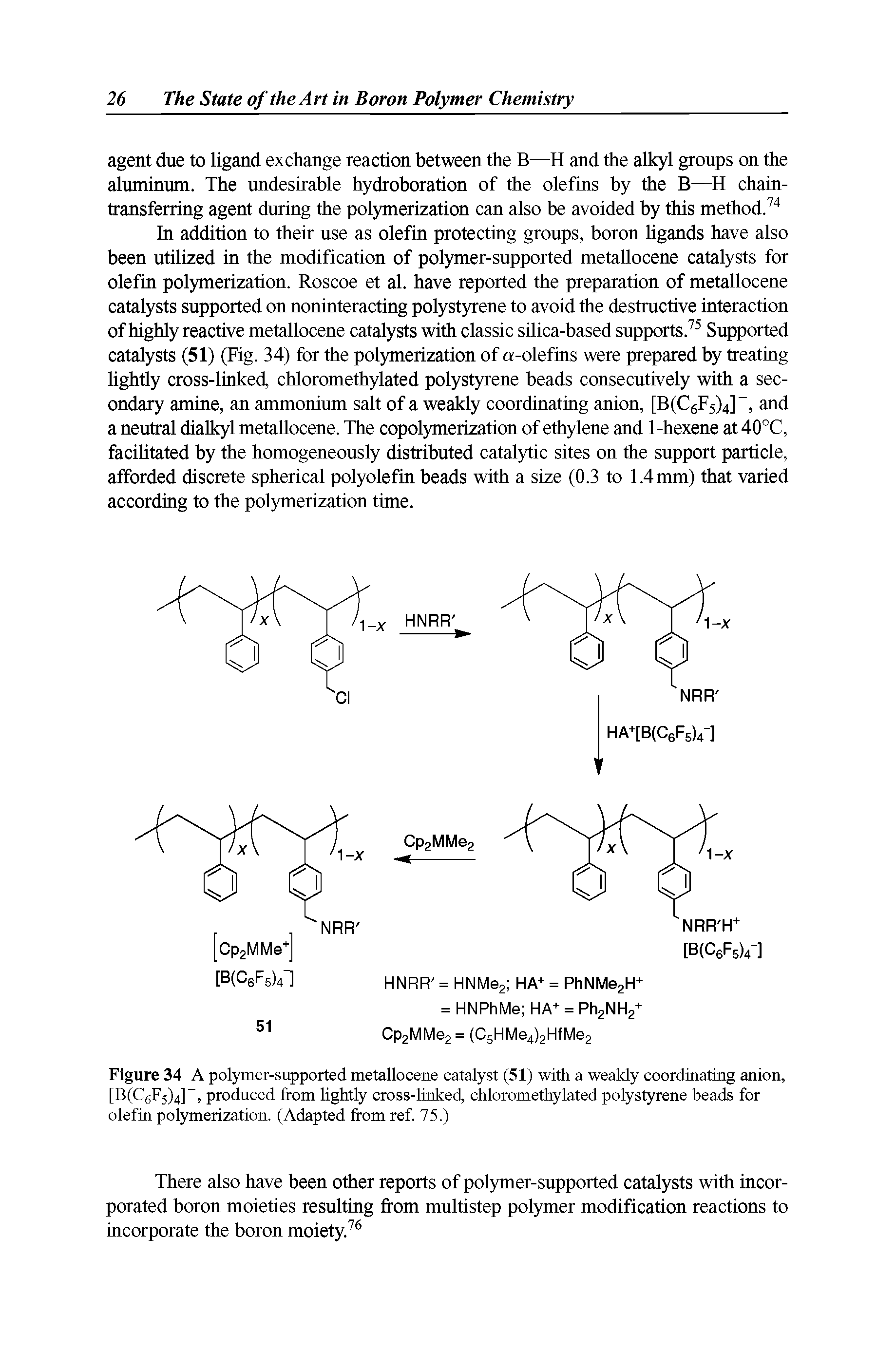 Figure 34 A polymer-supported metallocene catalyst (51) with a weakly coordinating anion, [B(C6F5)4] , produced from lightly cross-linked, chloromethylated polystyrene beads for olefin polymerization. (Adapted from ref. 75.)...