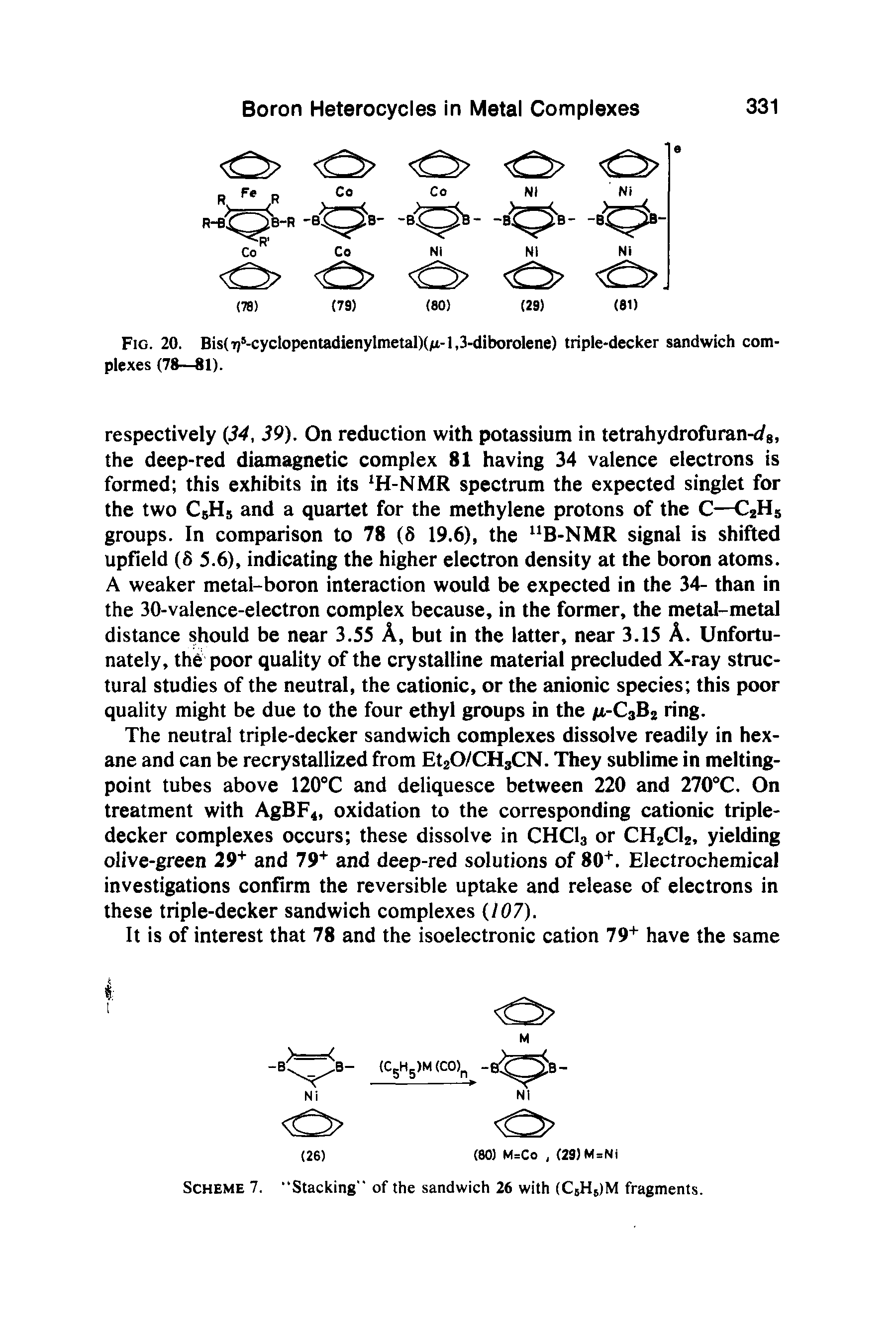 Fig. 20. Bis( 7)5-cyclopentadienylmetal)(fi-1,3-diborolene) triple-decker sandwich complexes (78—81).