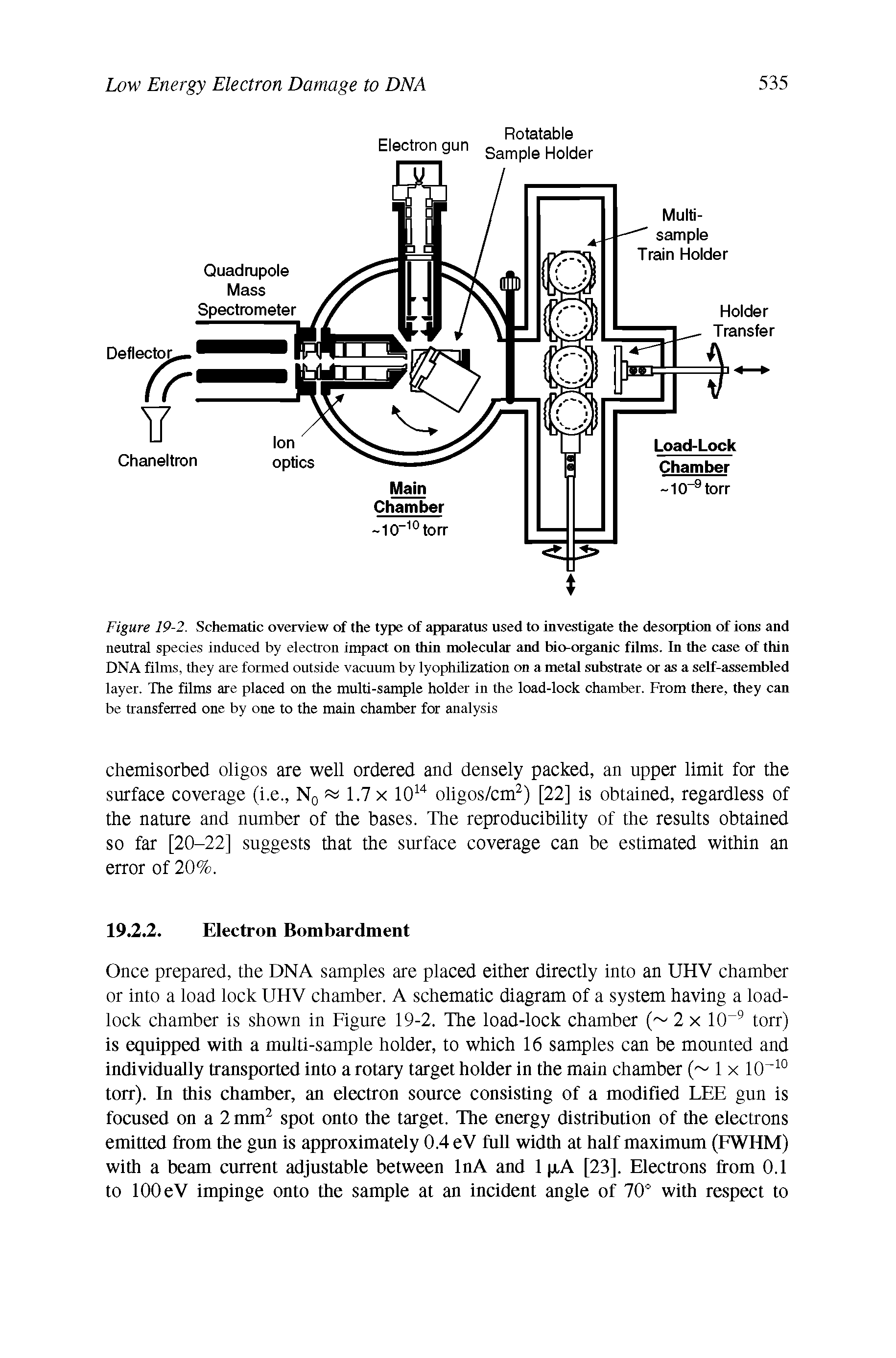 Figure 19-2. Schematic overview of the type of apparatus used to investigate the desorption of ions and neutral species induced by electron impact on thin molecular and bio-organic films. In the case of thin DNA films, they are formed outside vacuum by lyophilization on a metal substrate or as a self-assembled layer. The films are placed on the multi-sample holder in the load-lock chamber. From there, they can be transferred one by one to the main chamber for analysis...